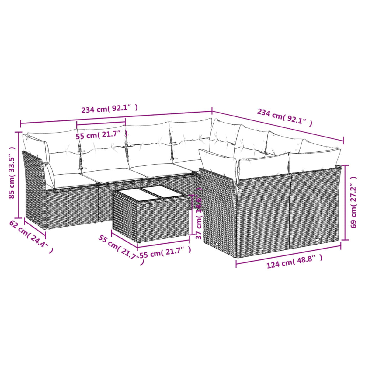 Un grande divano in vimini grigio con un tavolino coordinato. Diagramma con dimensioni.