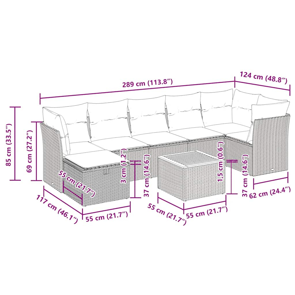 Diagramm eines Outdoor-Ecksofas mit Abmessungen. Ein rechteckiger Tisch steht davor.