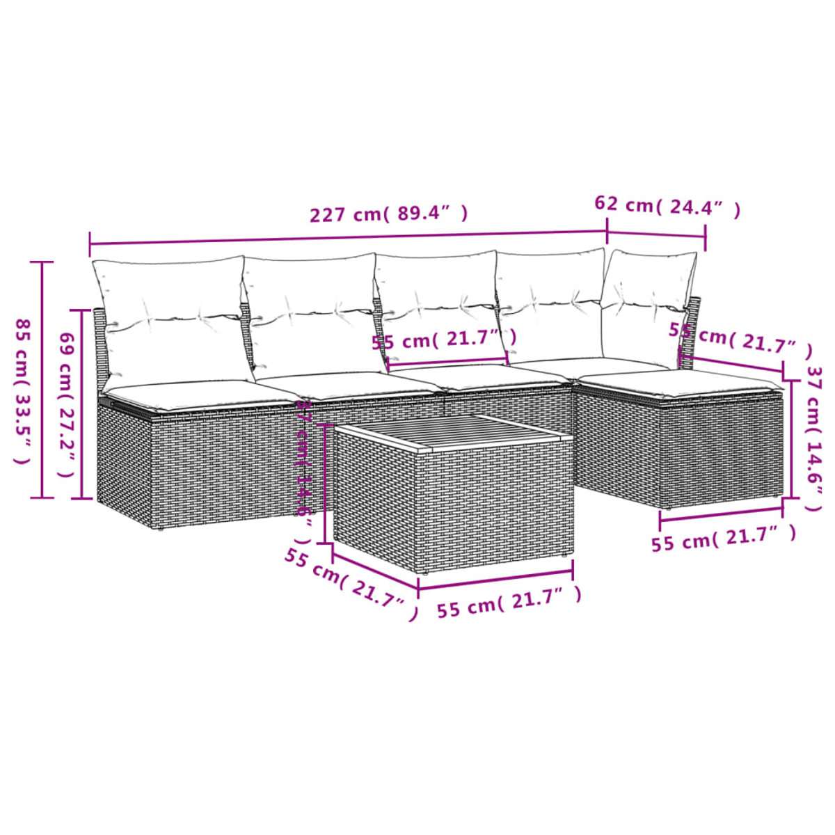 Ein Outdoor-Rattan-Sofaset mit angegebenen Abmessungen. Das Set beinhaltet Sofa und Tisch.