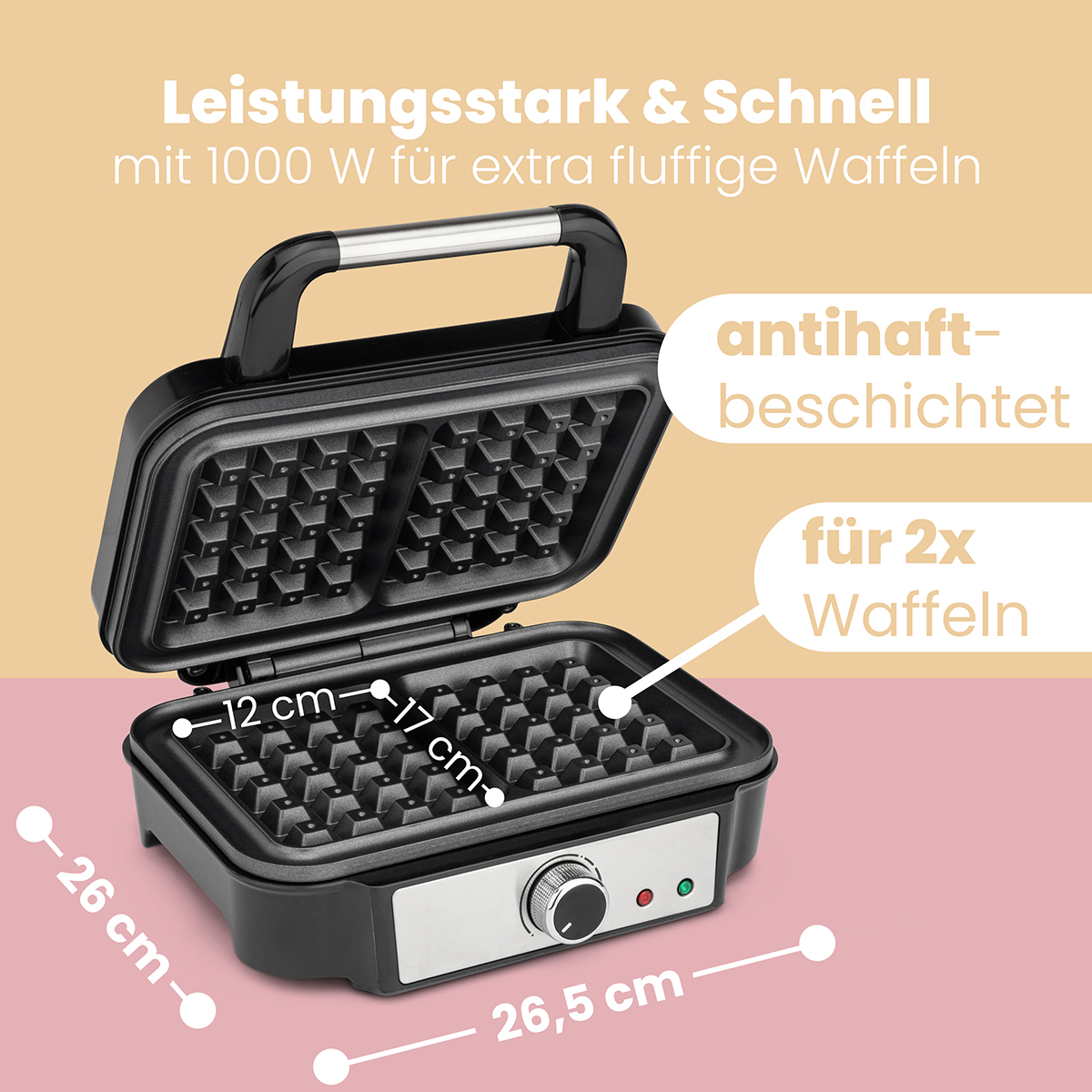 Czarny gofrownica otwarta, z etykietami wskazującymi wymiary i funkcje, takie jak nieprzywierająca i na 2 gofry.