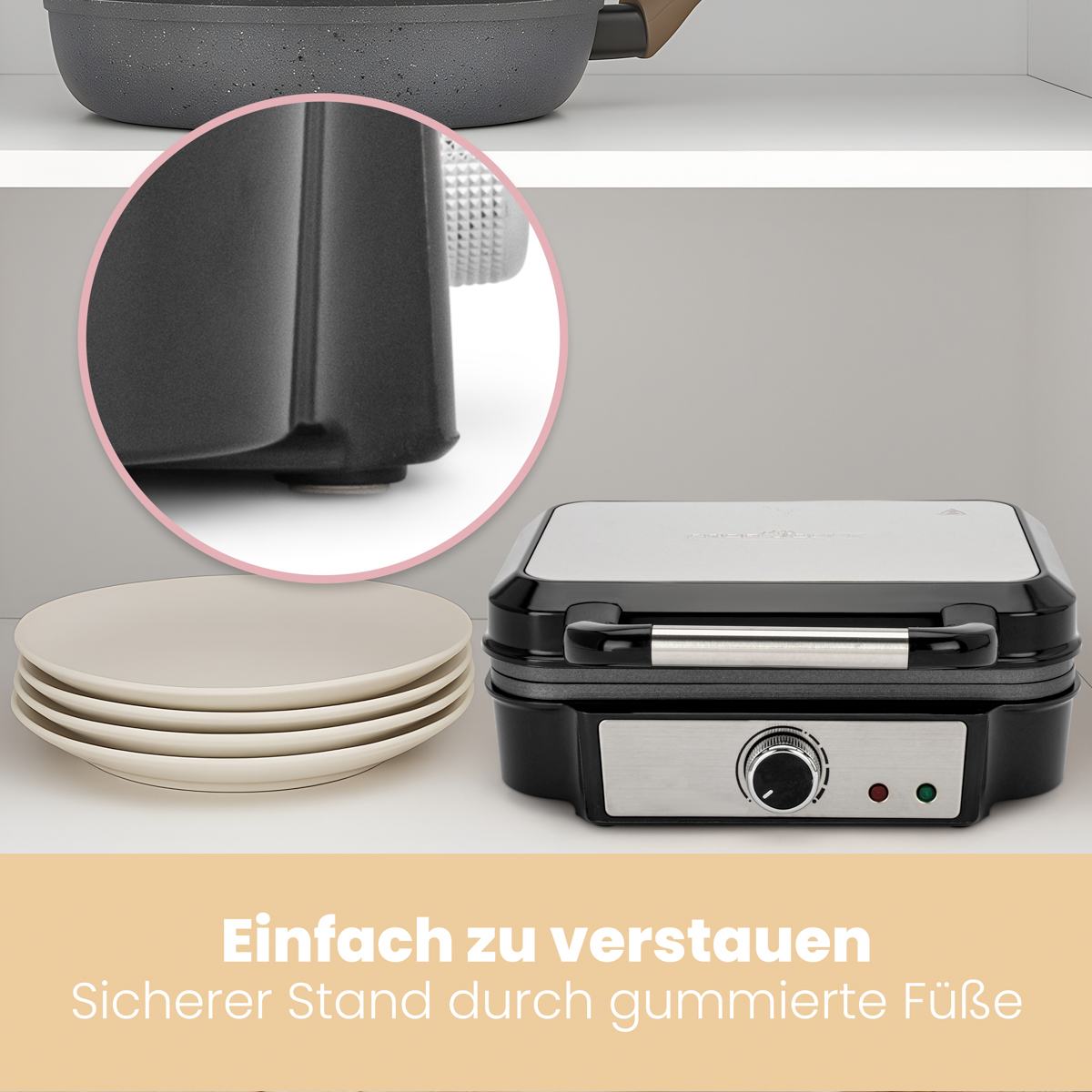 Gofrownica z talerzem gofrów i patelnią na półce. Tekst: łatwe przechowywanie, gumowe nóżki.