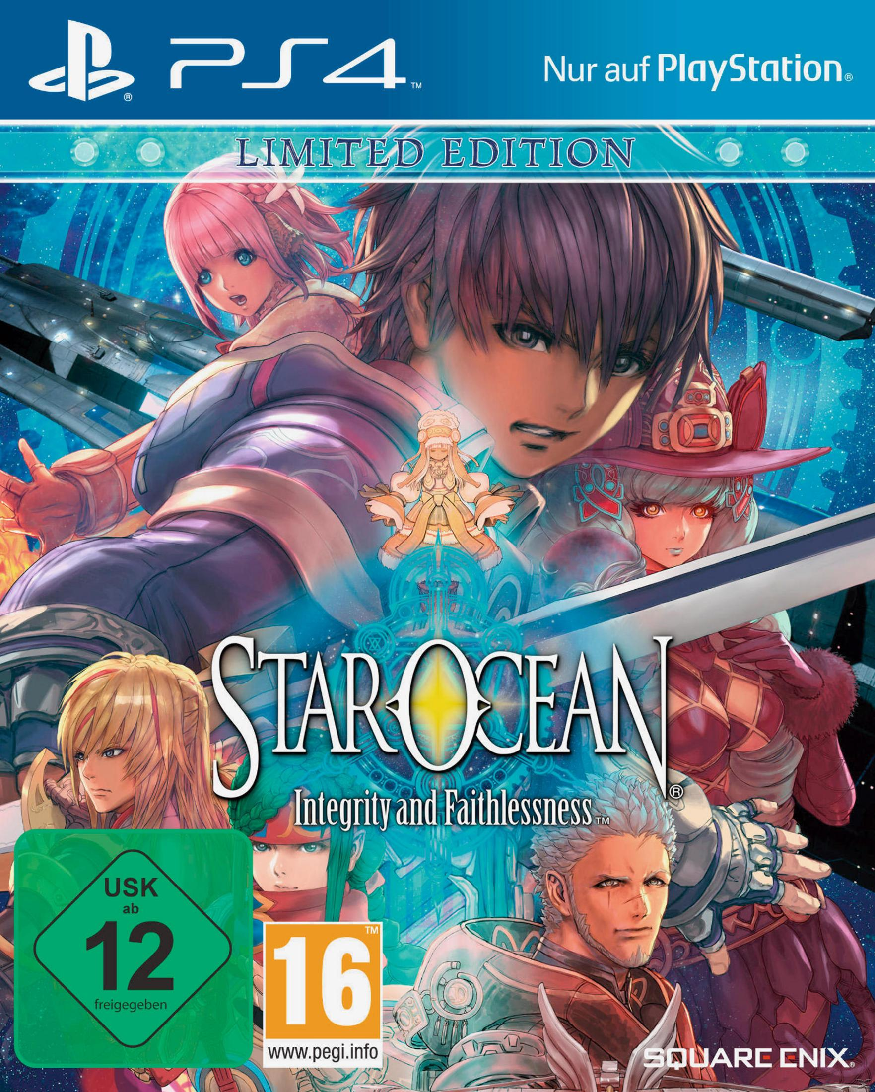 Spielcover: Charaktere mit Schwertern, Logo 'Star Ocean', PS4-Logo und Spieletitel.