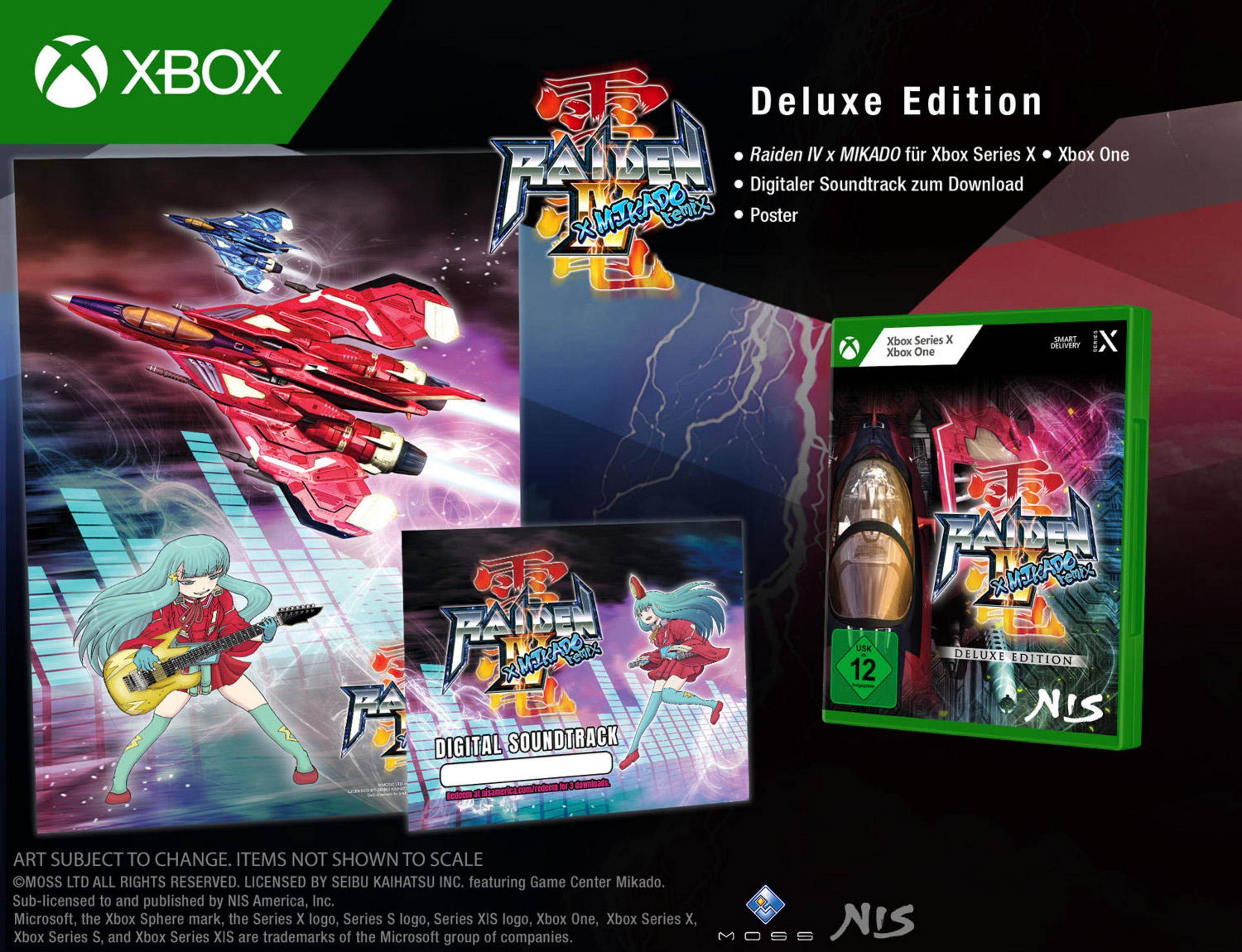 Xbox-Spiel-Set. Raiden IV x MIKADO Deluxe Edition, mit Spielkunst und digitalem Soundtrack und Xbox-Logo.