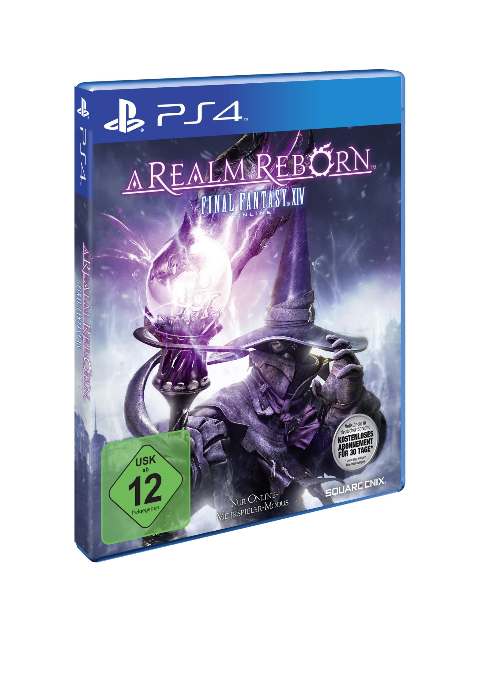 PS4-Spielbox. A Realm Reborn, Final Fantasy XIV. Verfügt über einen Zauberer mit einer Laterne auf blauem Grund.