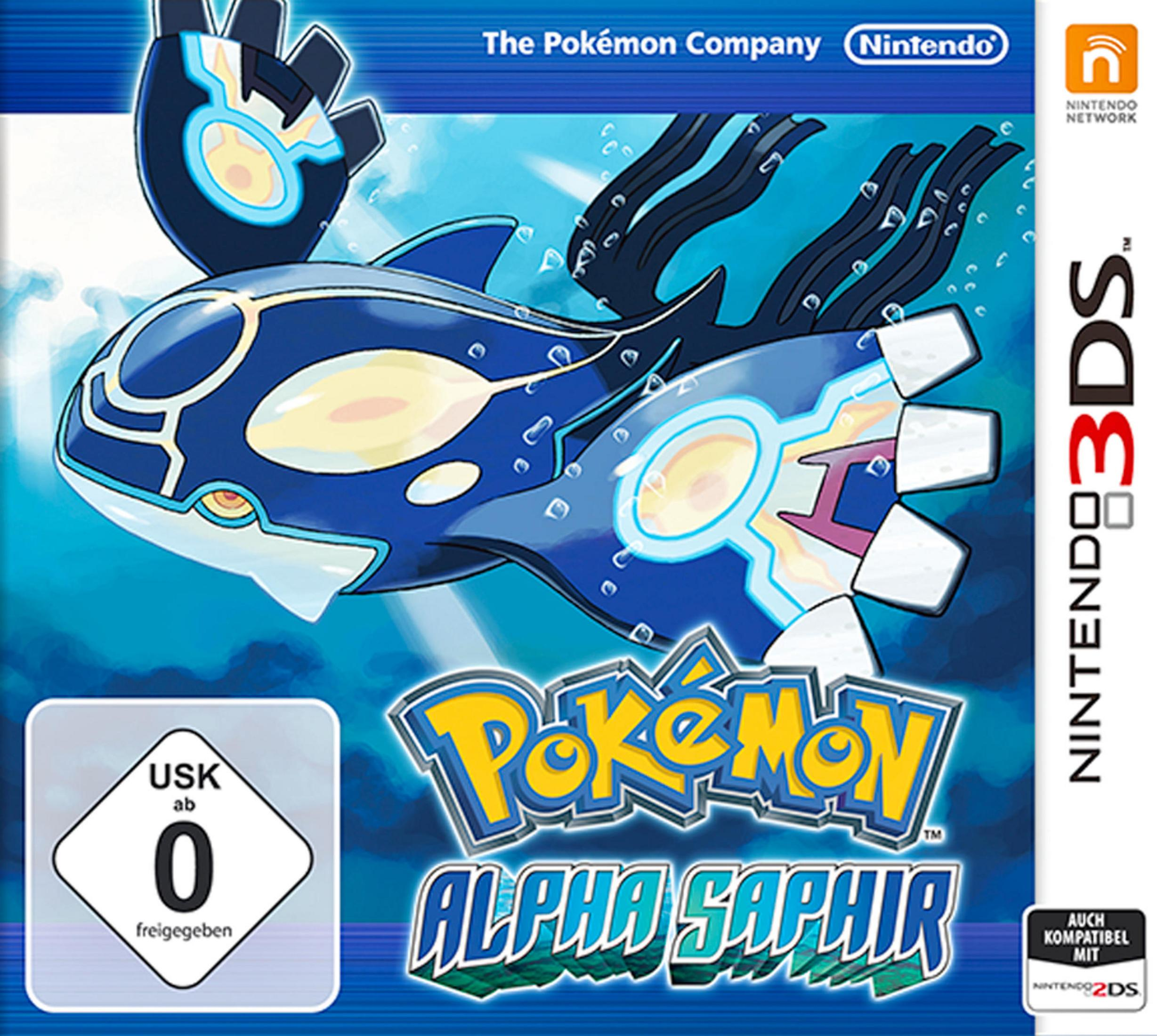 Pokemon Alpha Saphir Spielbox. Mit Kyogre. Nintendo 3DS-Logo, USK-Einstufung und Nintendo-Logo.