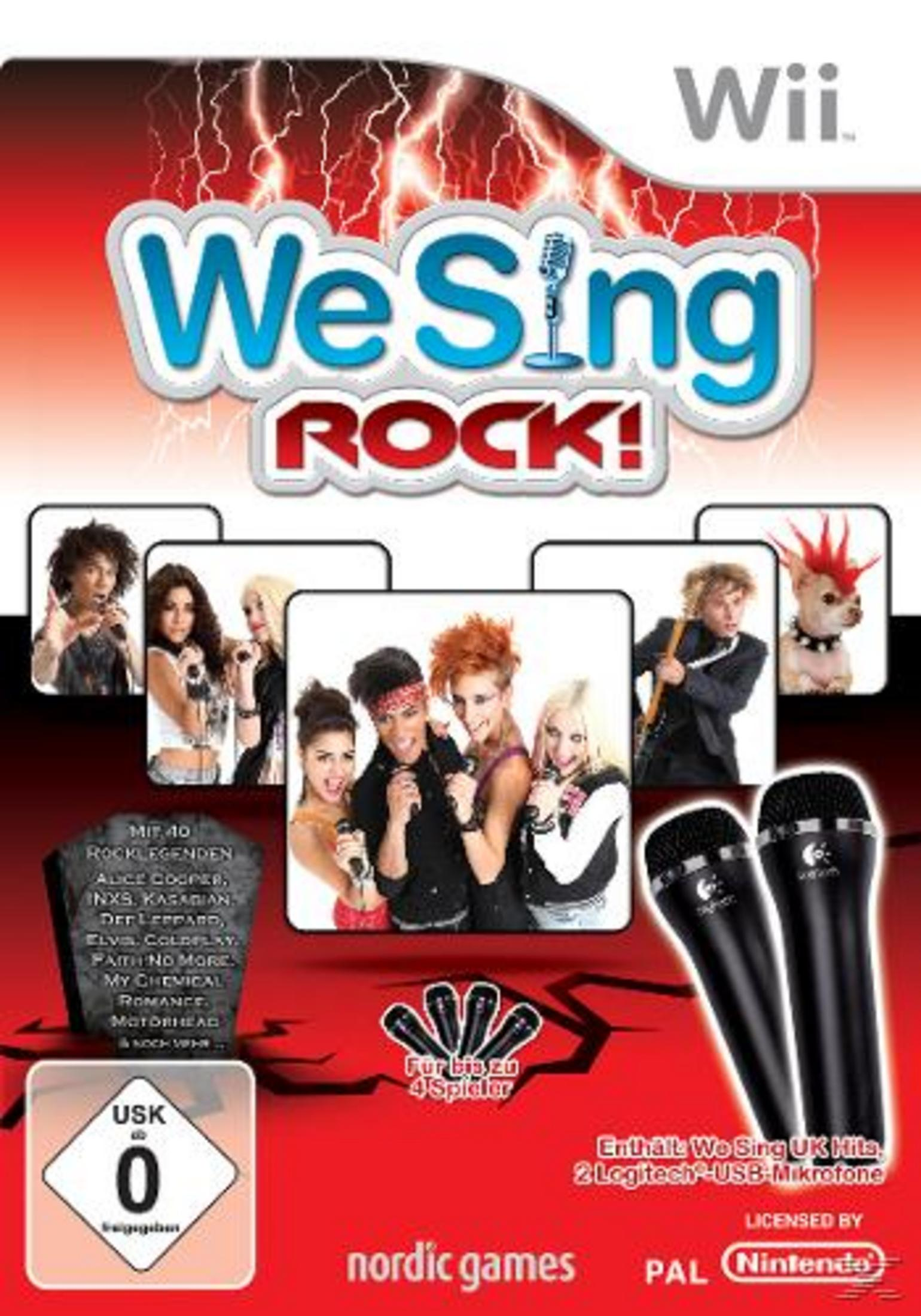 Wii-Spielbox für "We Sing Rock!" mit Sängern und Mikrofonen. Enthält UK-Hits und Mikrofone.
