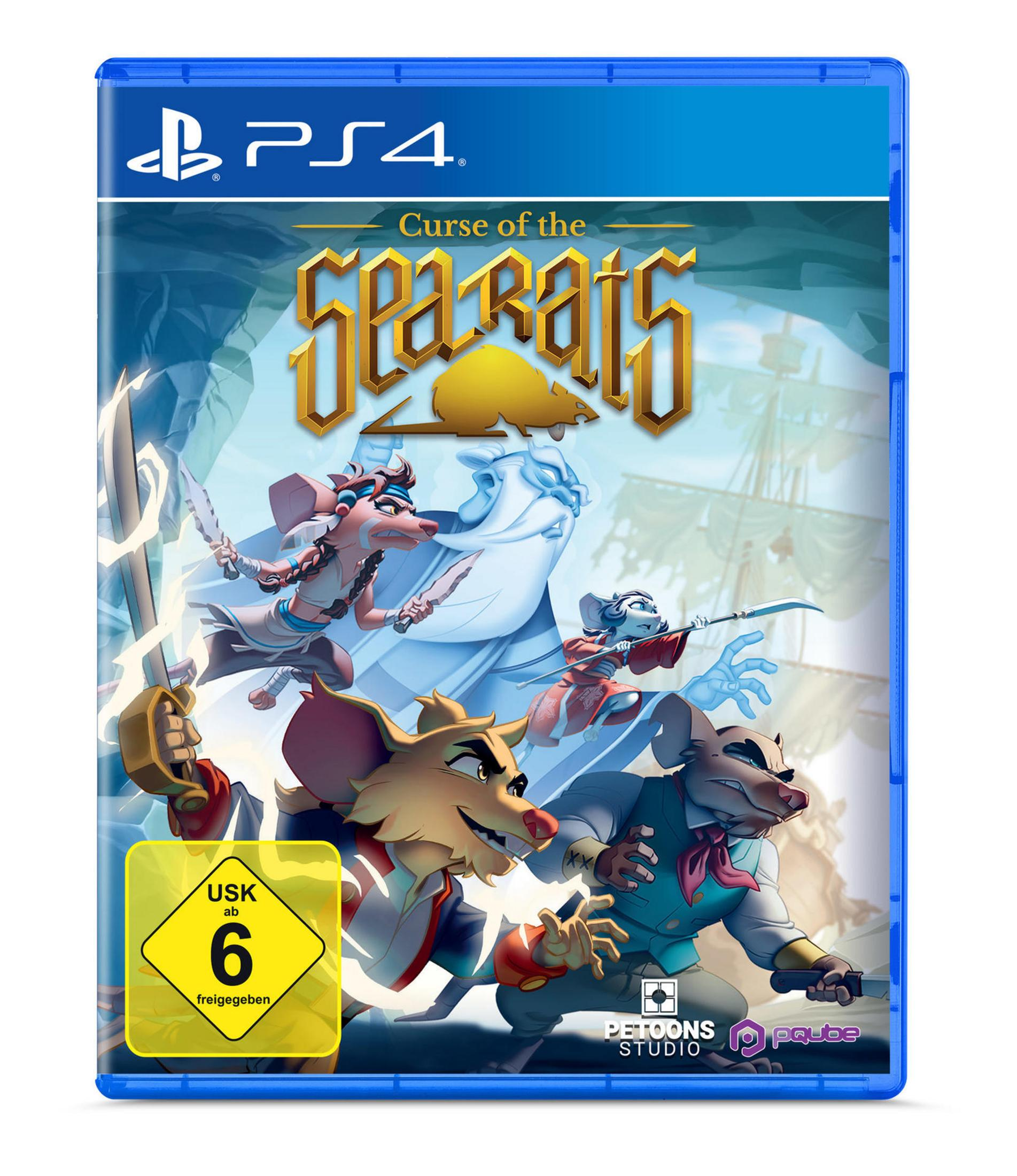 PS4-Spielbox für Curse of the Sea Rats mit Cartoon-Rattencharakteren. Blauer Hintergrund.