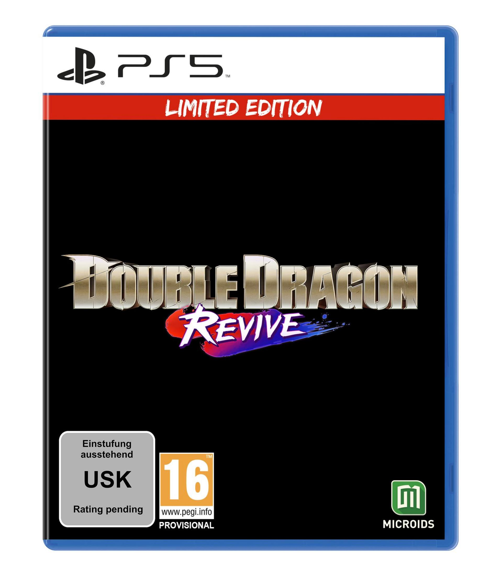 Copertina del gioco PS5 'DOUBLE DRAGON REVIVE'. Custodia blu, sfondo nero ed etichette di classificazione.