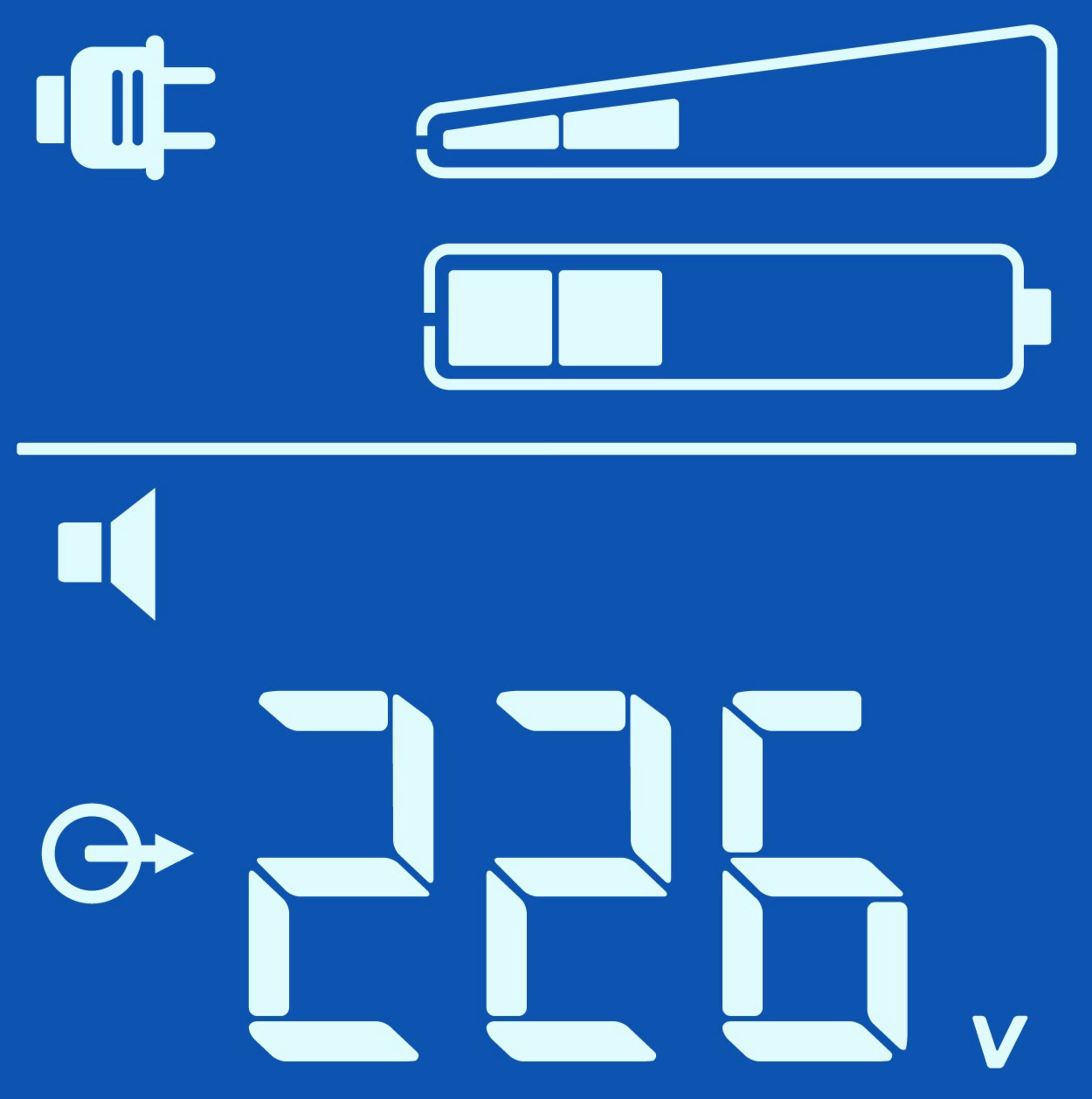 Blaue Digitalanzeige mit der Zahl 226, Stromsymbol, Batterie und Lautsprecher.