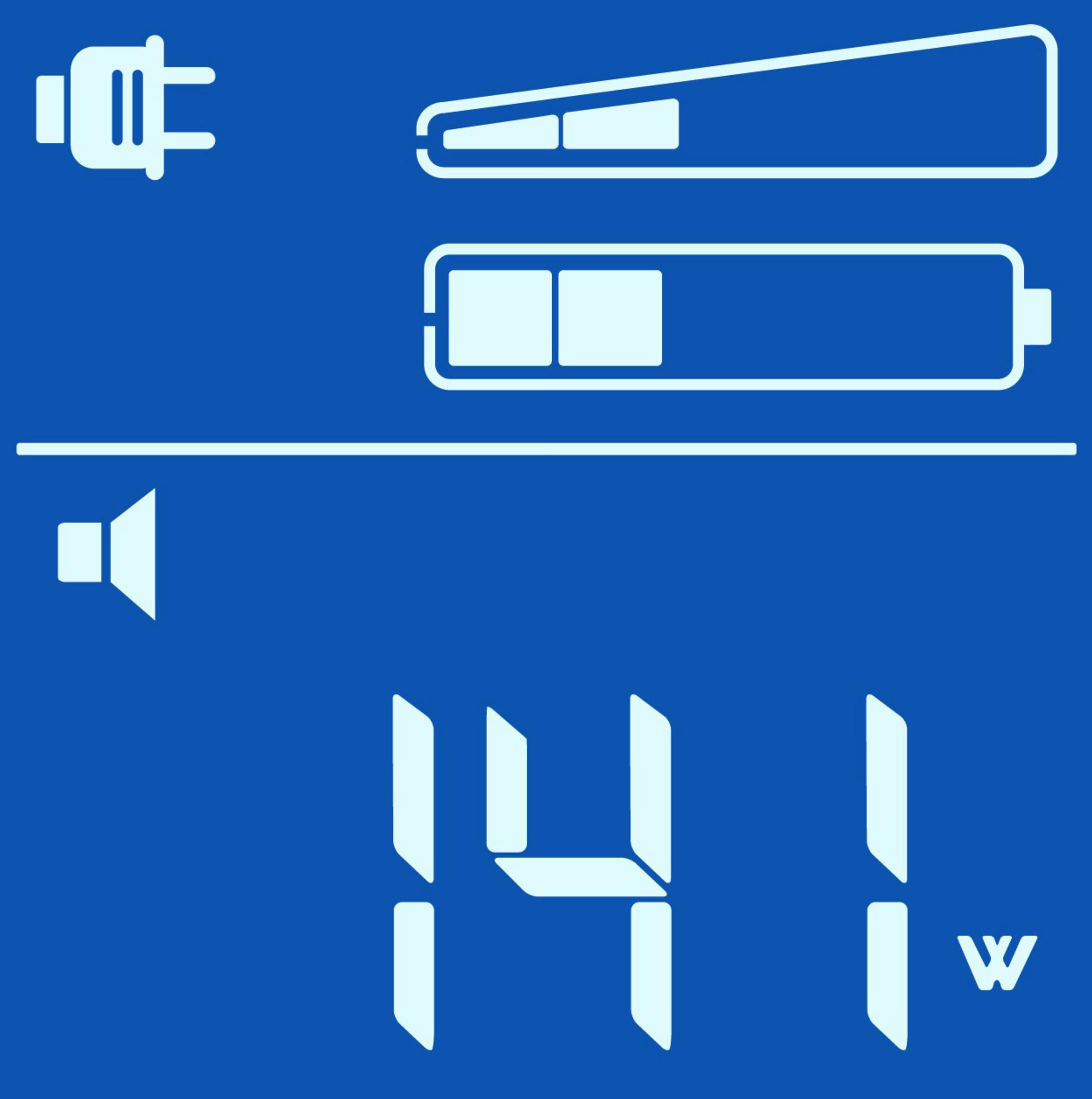 Blaue Digitalanzeige mit Batterie, Lautsprecher und einer Zahl. Weißer Text auf blauem Hintergrund.