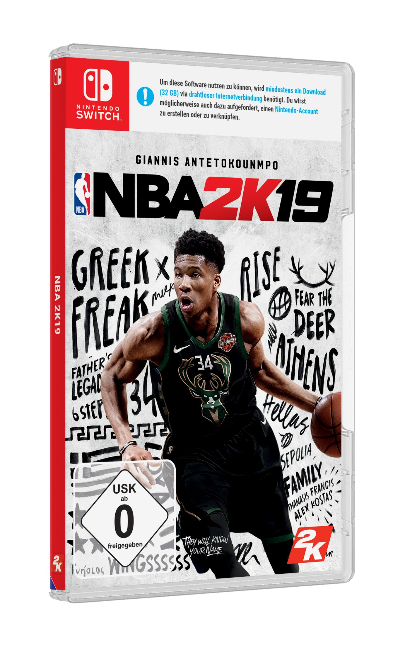 Spielbox für NBA 2K19. Zeigt einen Basketballspieler.