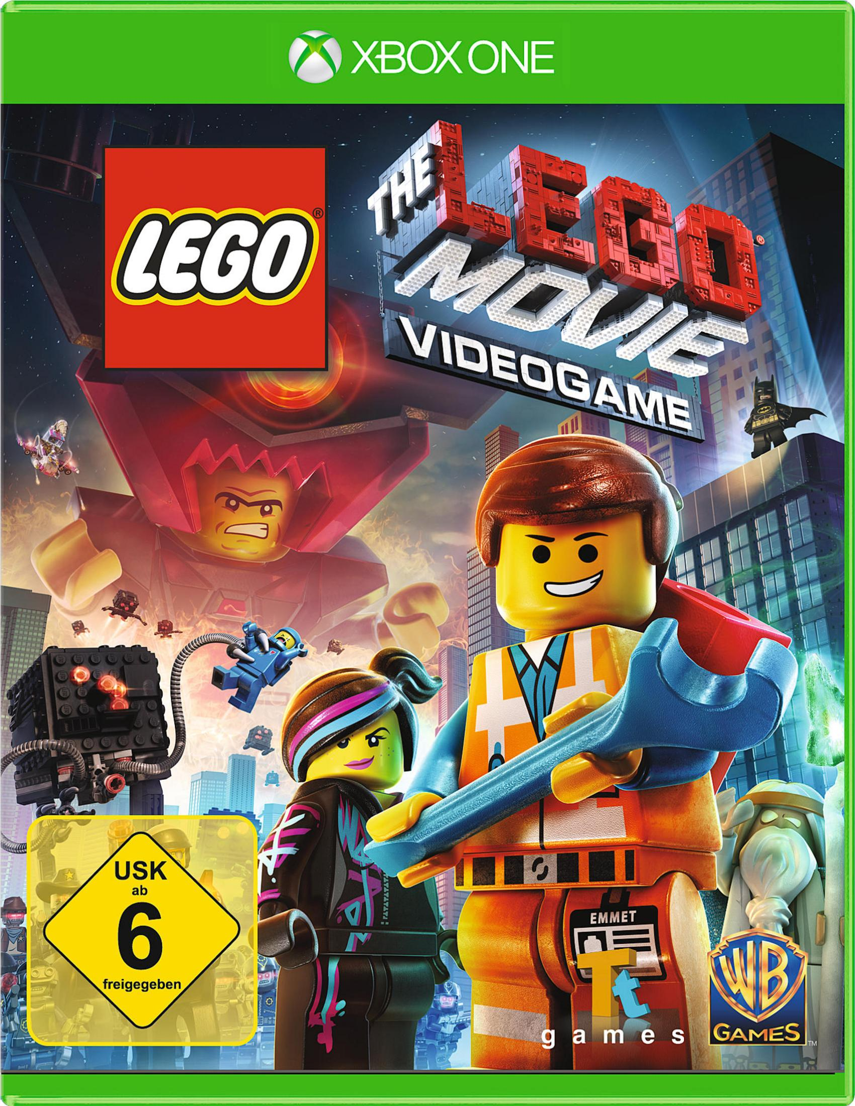 Das Lego Movie Videospiel-Box-Art. Emmet und Lucy sind abgebildet. Eine Lego Bad Cop Figur ist dabei.