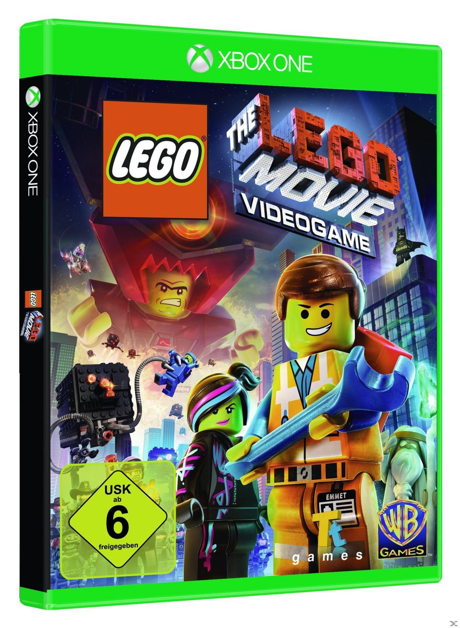 Das Lego Movie Videospiel-Box-Art. Enthält Lego-Charaktere und ein grünes Xbox One Banner.