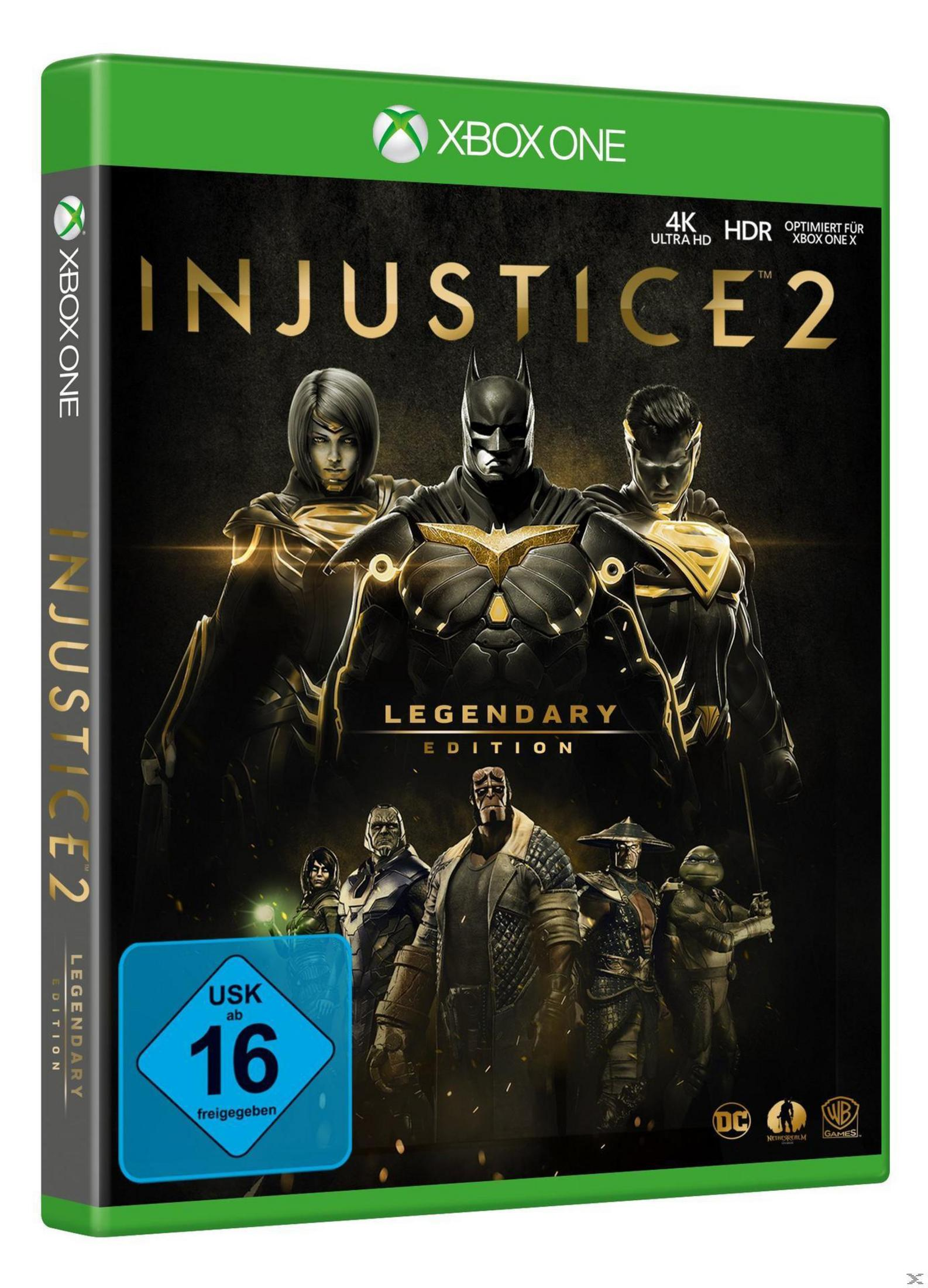 Xbox One-Spielhülle von Injustice 2. Charaktere von DC Comics auf dem Cover. USK 16-Einstufung. Legendary Edition.