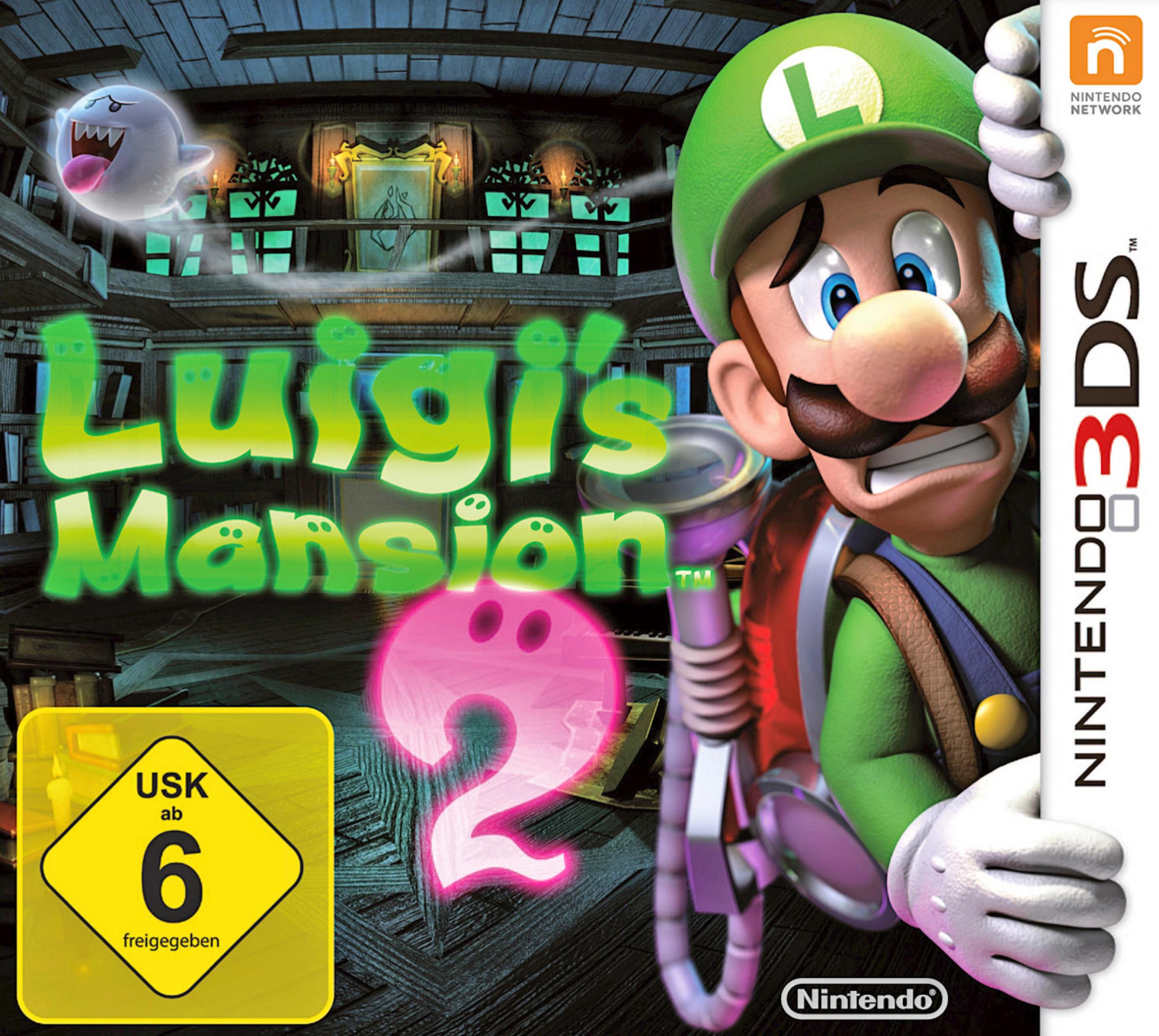 Scatola del gioco Luigi's Mansion 2 su sfondo bianco, con Luigi e un fantasma.