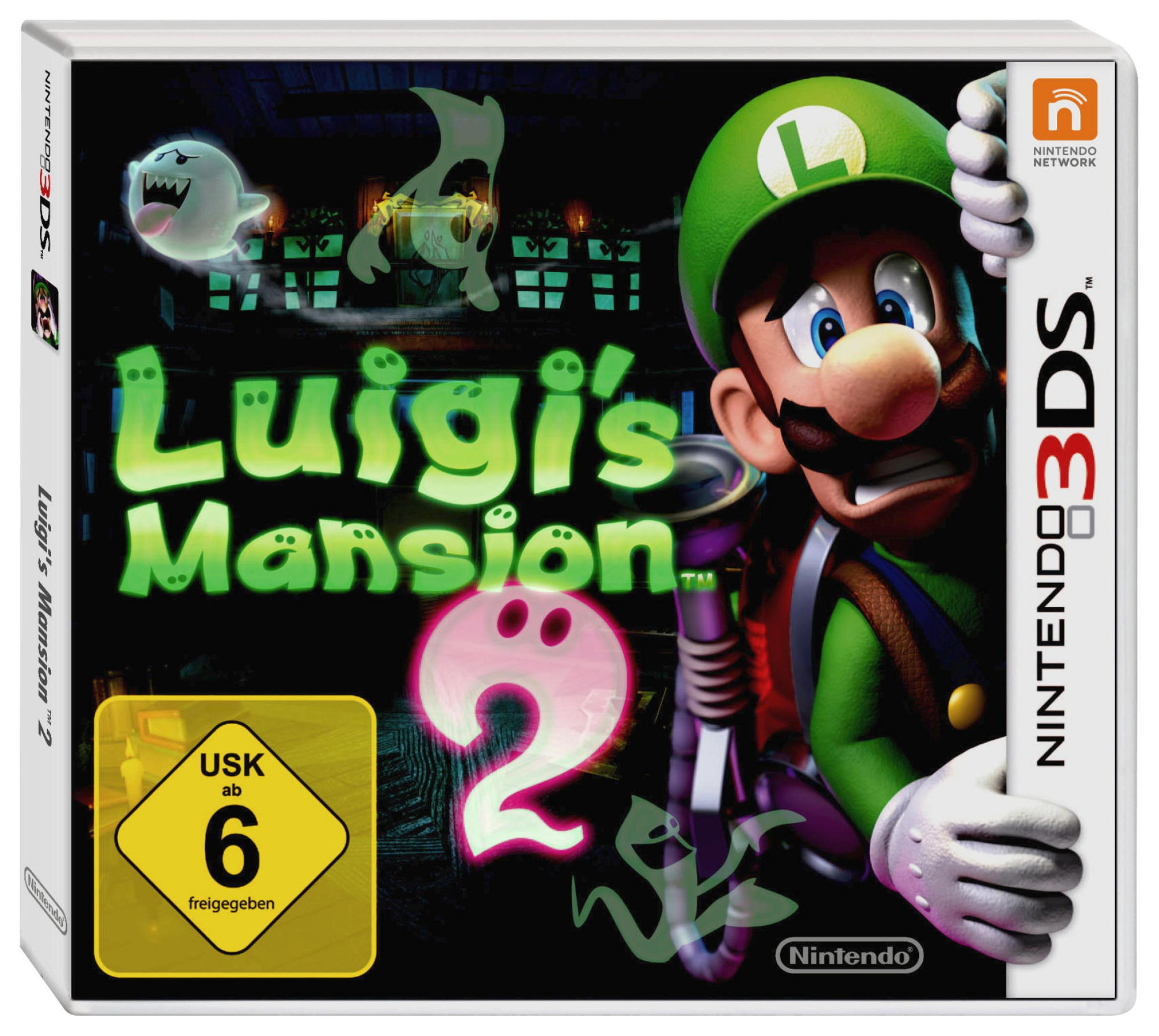 Scatola del gioco Luigi's Mansion 2 per Nintendo 3DS con Luigi, un fantasma e il titolo.
