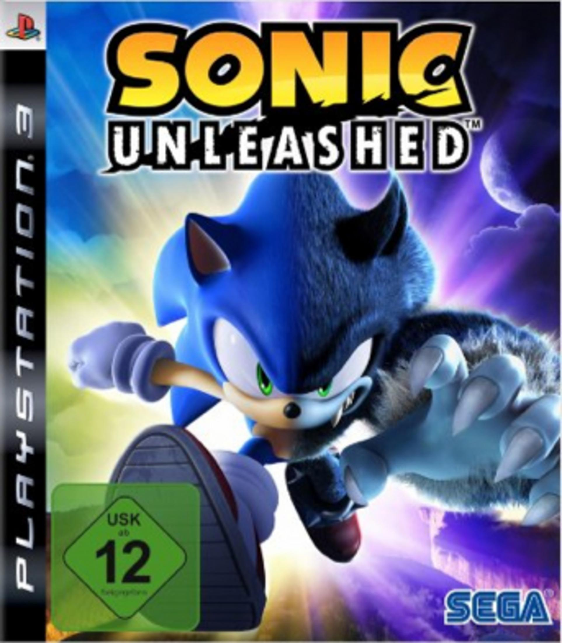 PlayStation 3-Spielhülle von Sonic Unleashed. Sonic the Hedgehog in einer Laufpose. USK 12-Einstufung.