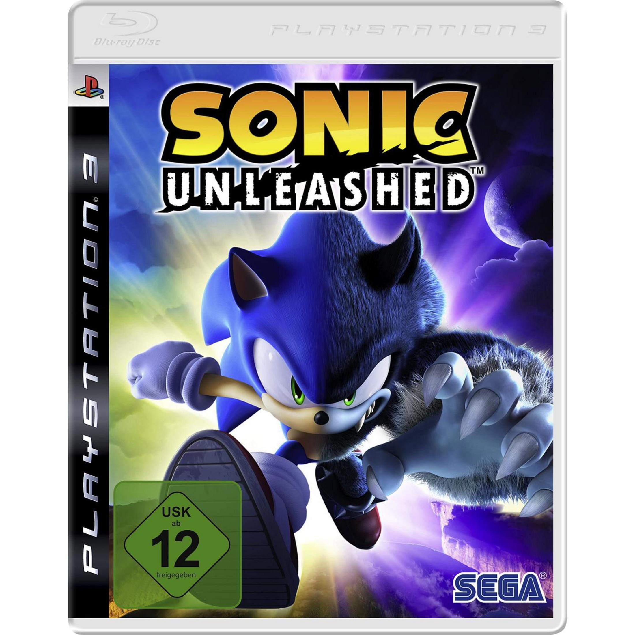 Sonic Unleashed-Spielcover. Sonic und seine Werehog-Form sind abgebildet. Blaue und schwarze Farben dominieren.