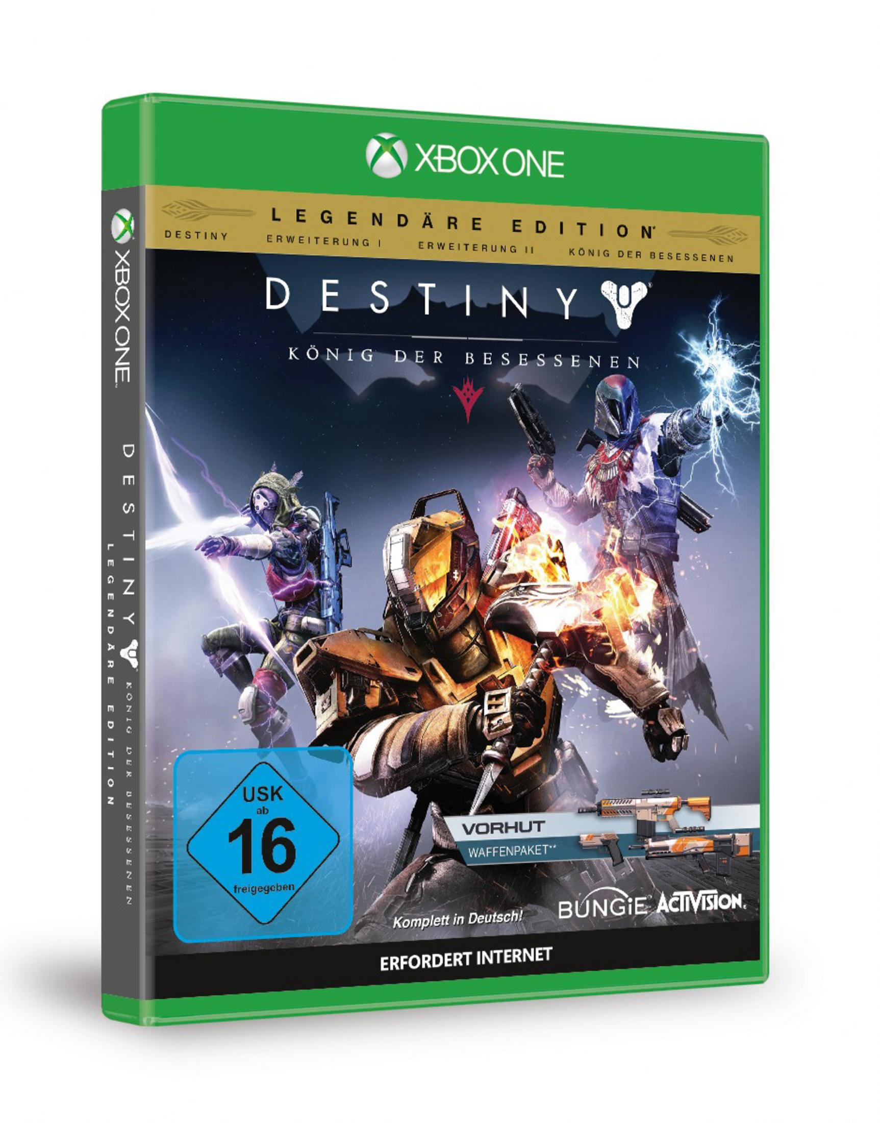 Copertina del gioco Destiny: The Taken King. Personaggi con armi, il logo Xbox One e la classificazione USK.