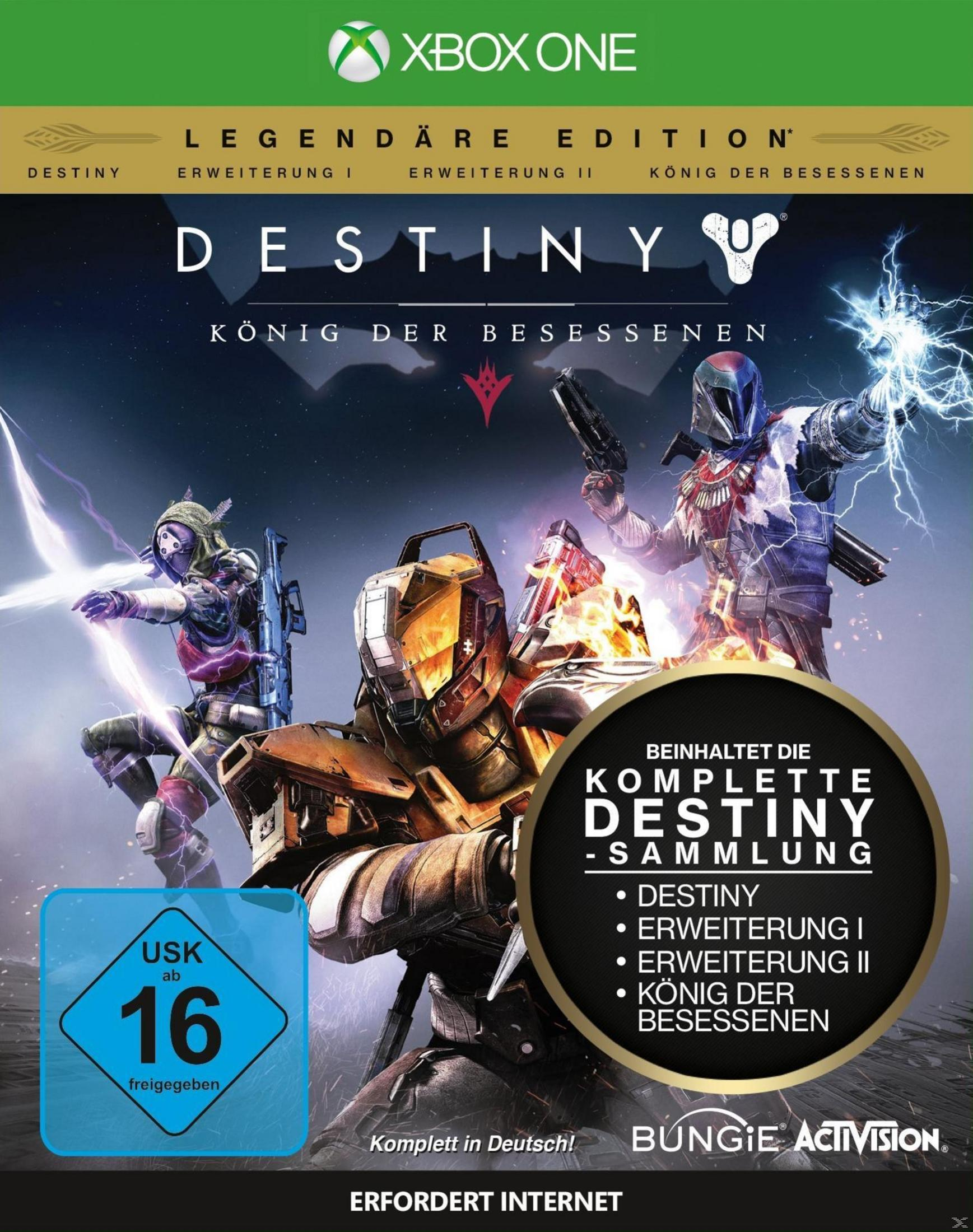 Copertina del videogioco Destiny: Il Re dei Corrotti, con personaggi e sfondo tempestoso.