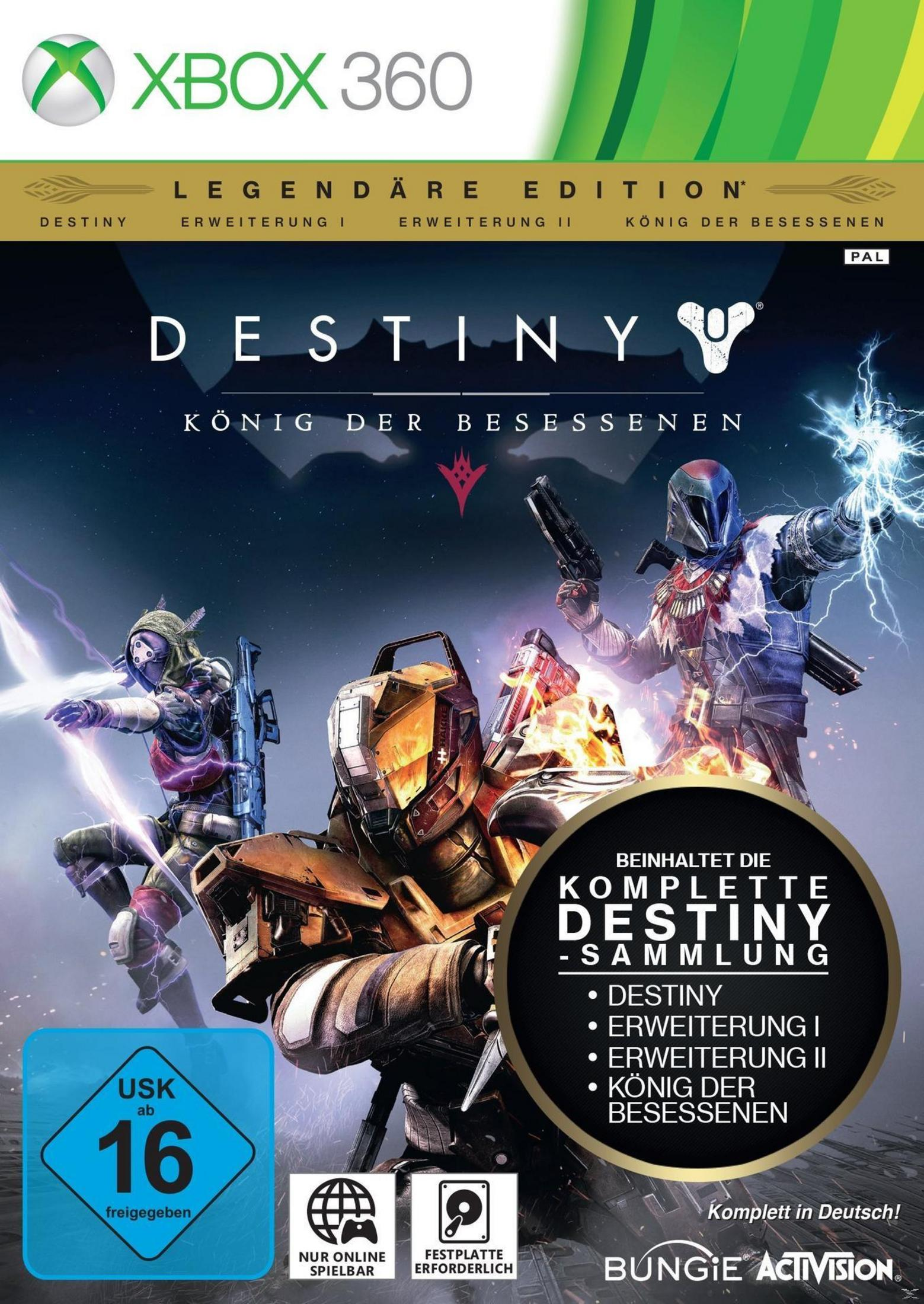 Destiny: König der Besessenen Spielcover. Krieger mit Waffen. Dunkler Hintergrund. Xbox 360 Logo.
