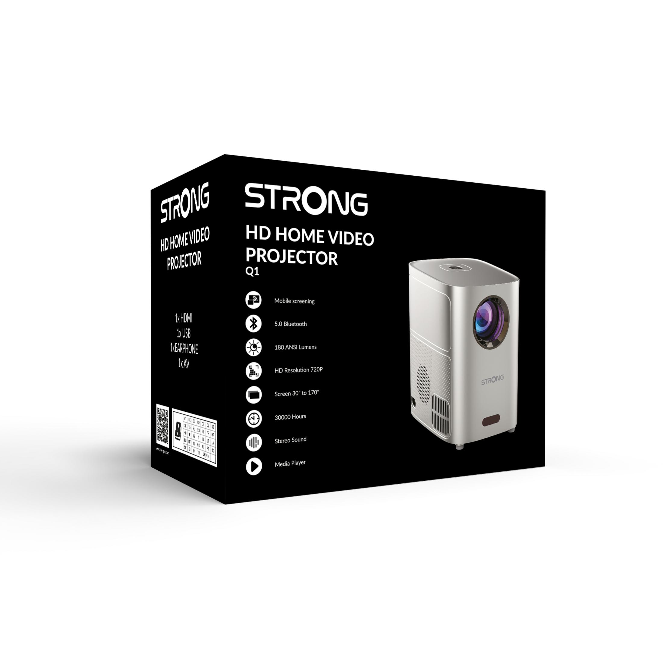 Pudełko Strong HD Home Video Projector, biały obraz projektora, czarne tło.