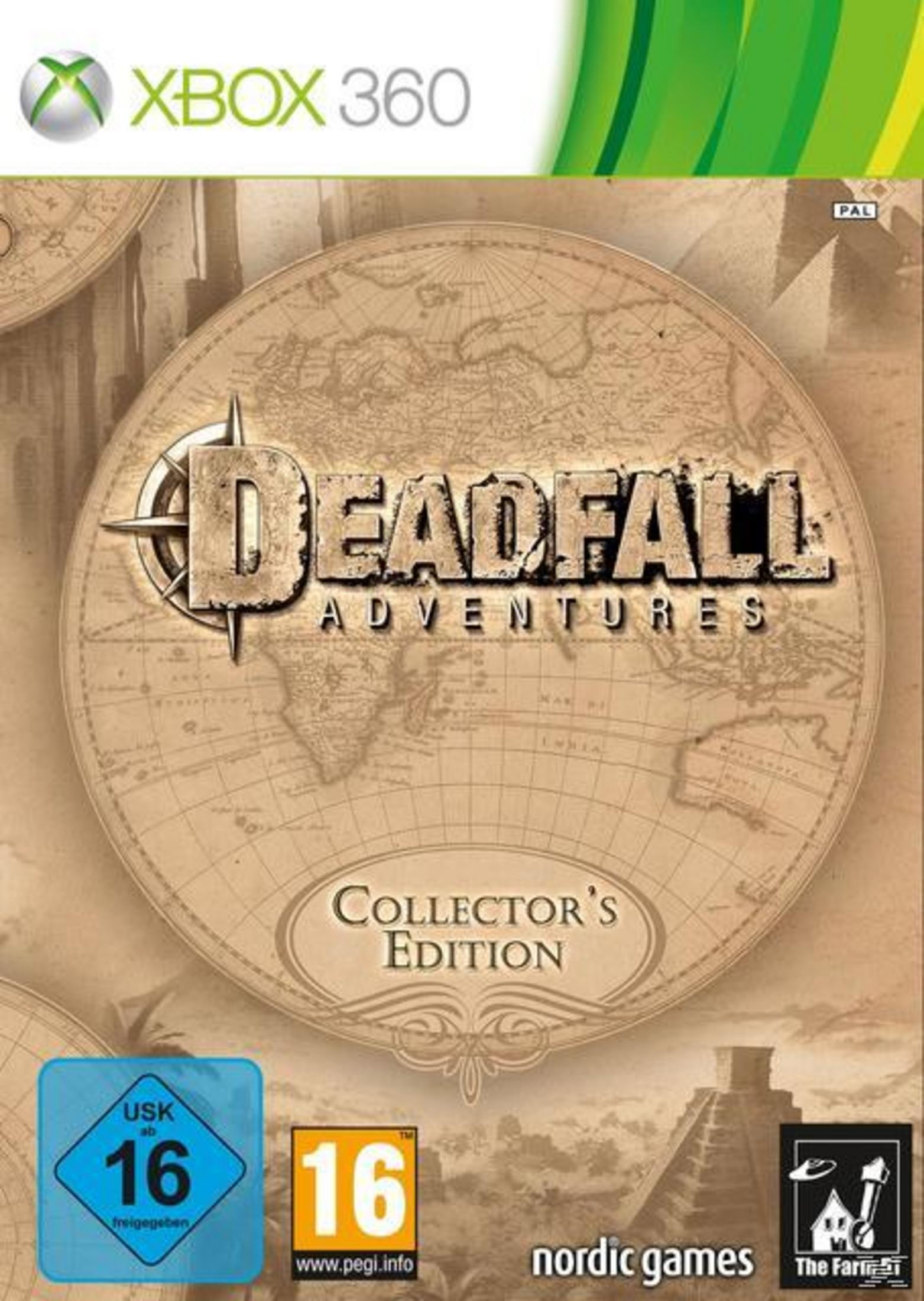 Das Spielcover 'Deadfall Adventures'. Ein Kompass über einer Karte auf braunem Hintergrund.