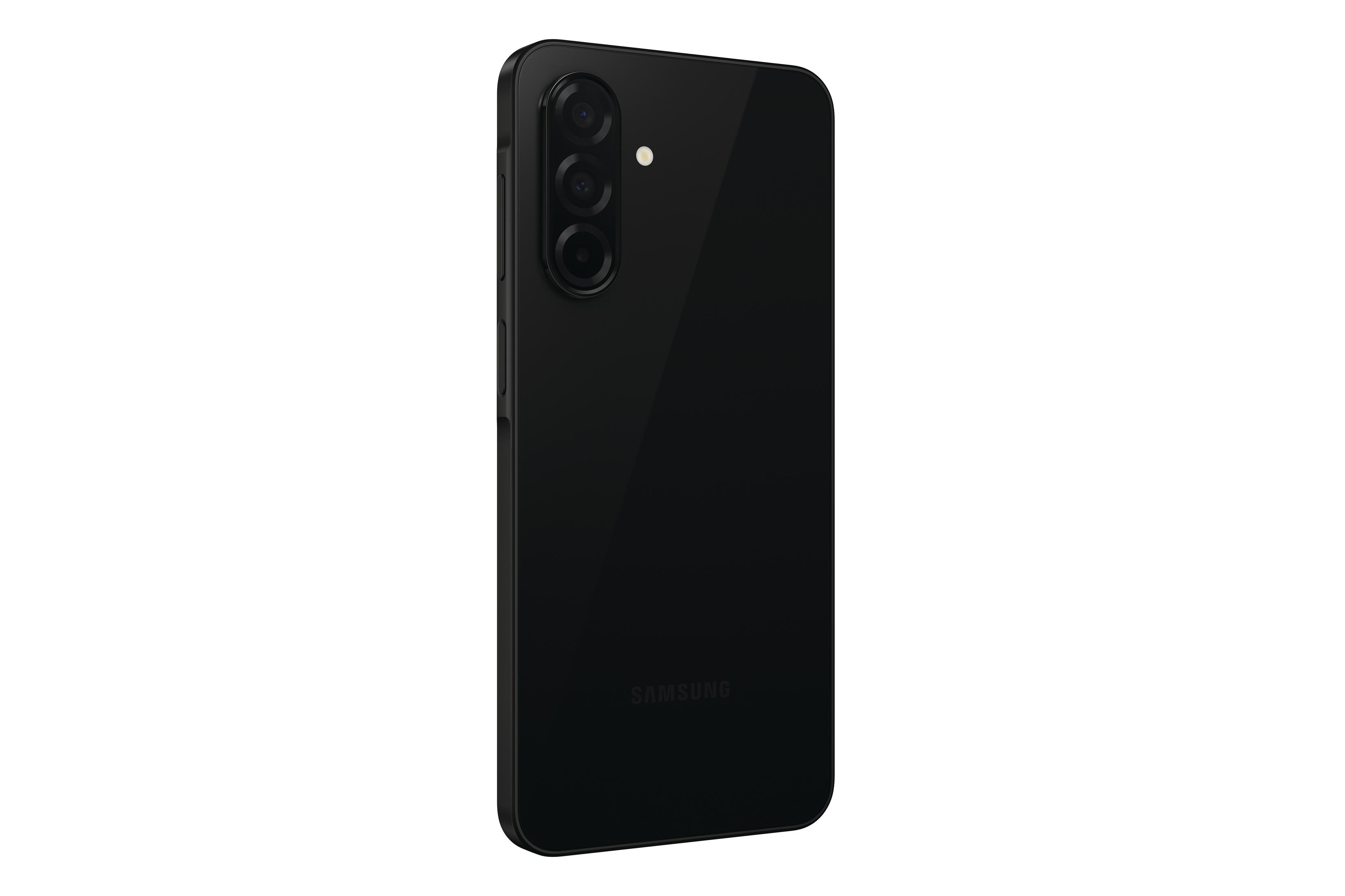 Schwarzes Smartphone, Rückansicht, mit Kameralinsen und Samsung-Logo.