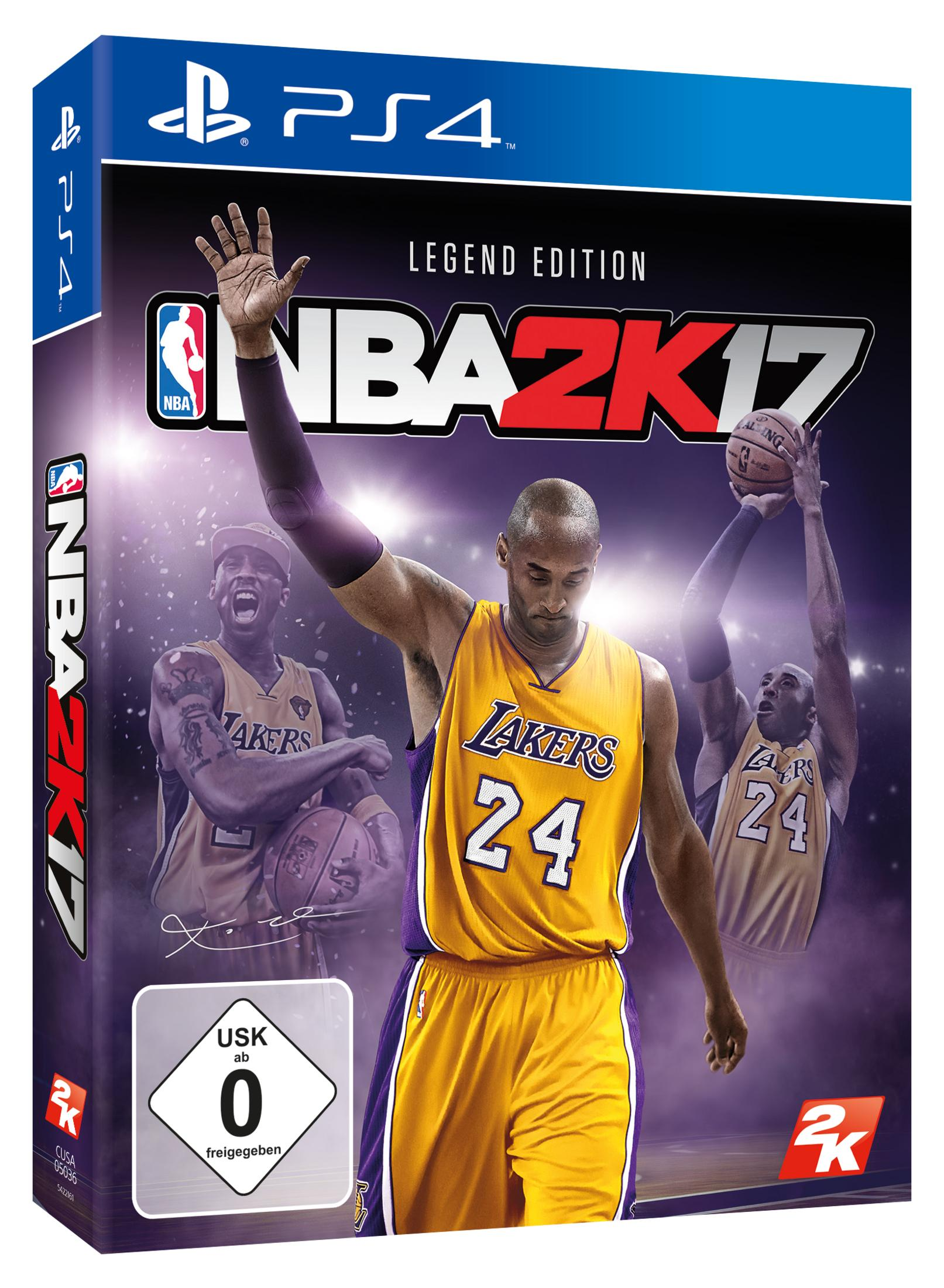 Ein PS4-Spielcover für NBA 2K17. Es zeigt Kobe Bryant in einem Lakers-Trikot, der einen Ball hält.