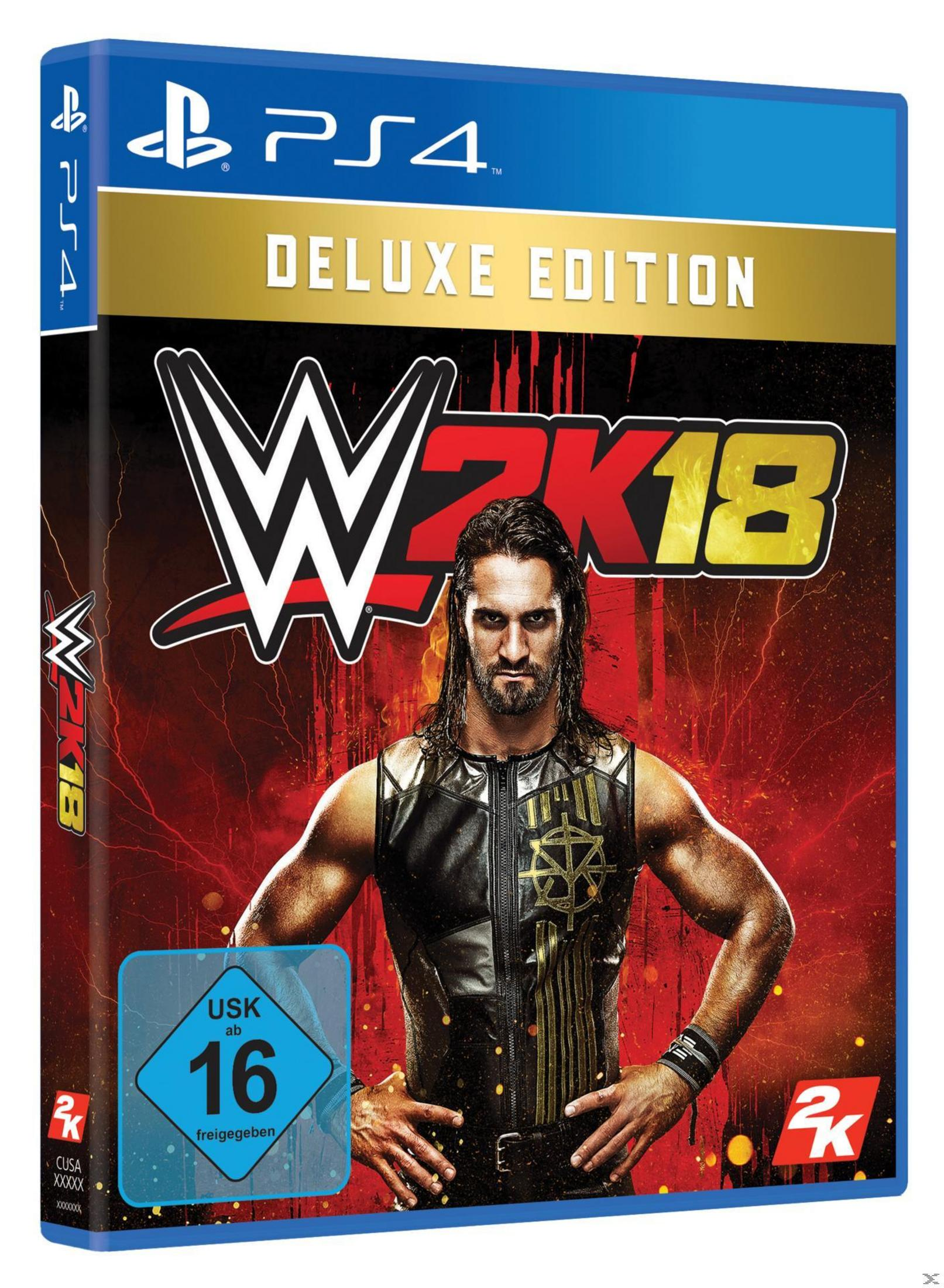 PS4-Spielverpackung. WWE 2K18 Deluxe Edition Cover. Wrestler Seth Rollins. Blaues und rotes Farbschema.
