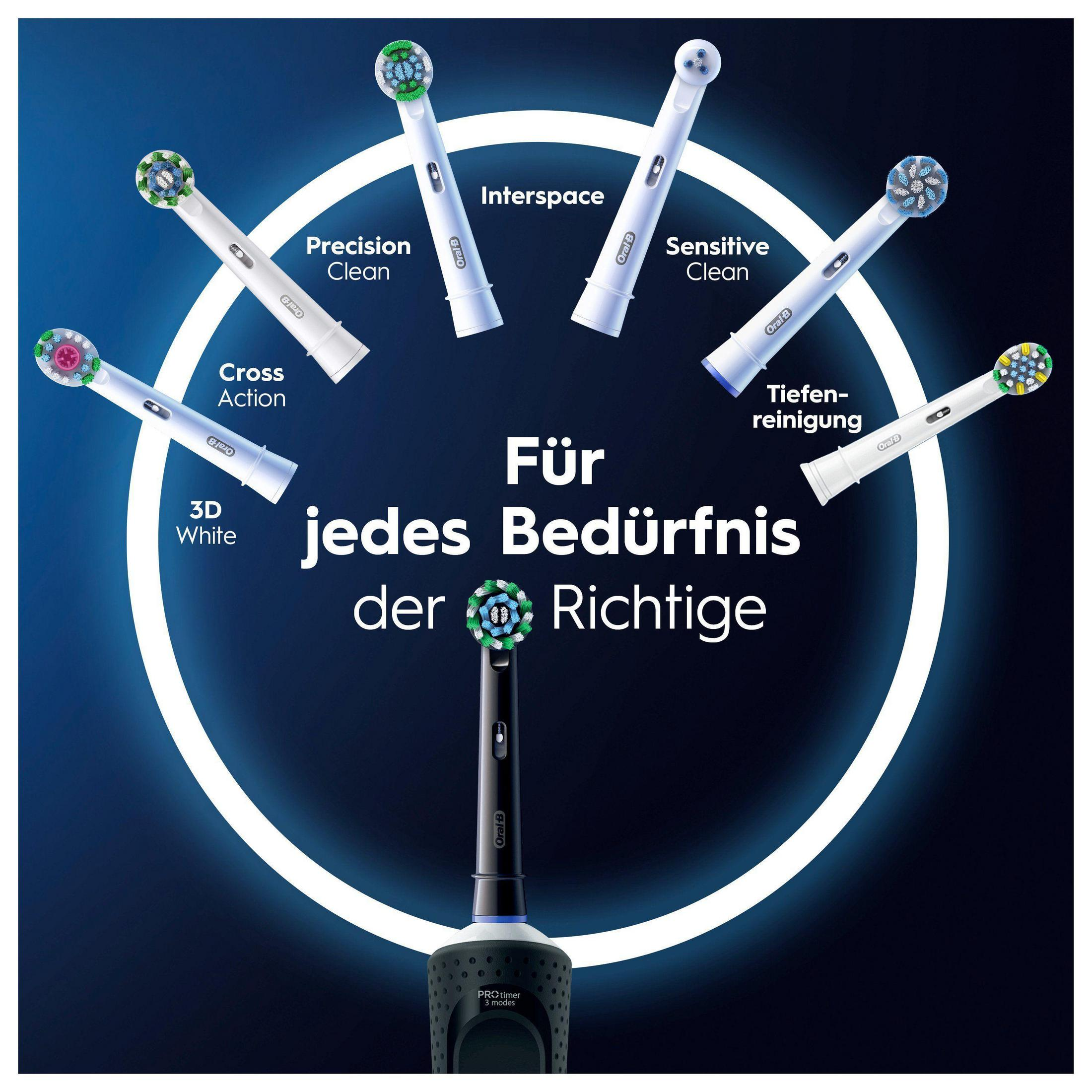 Cabezales de cepillo de dientes eléctrico Oral-B de diferentes tipos, base negra.