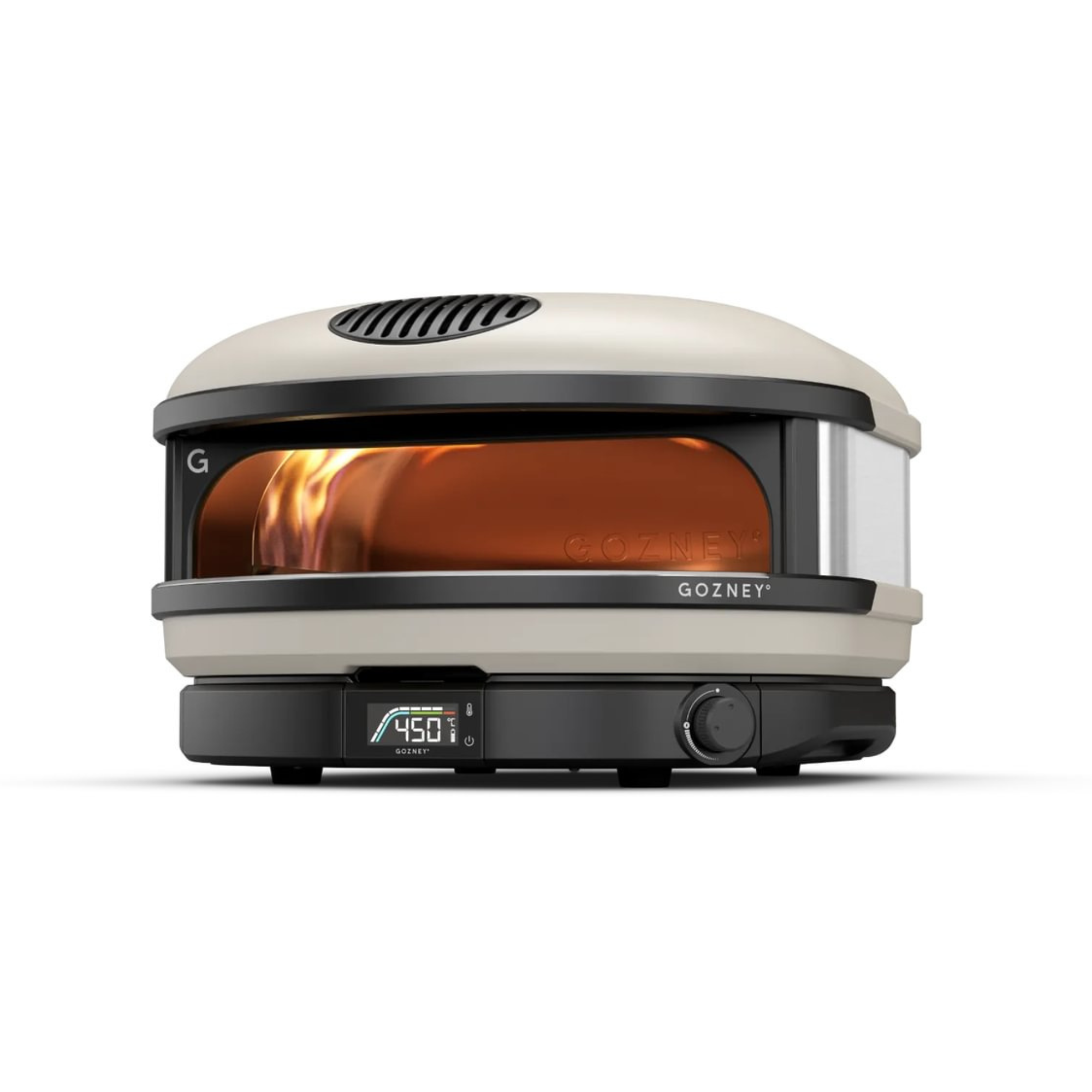 Cremefarbener Pizzaofen mit schwarzem Sockel, Digitalanzeige und sichtbarem Feuer.