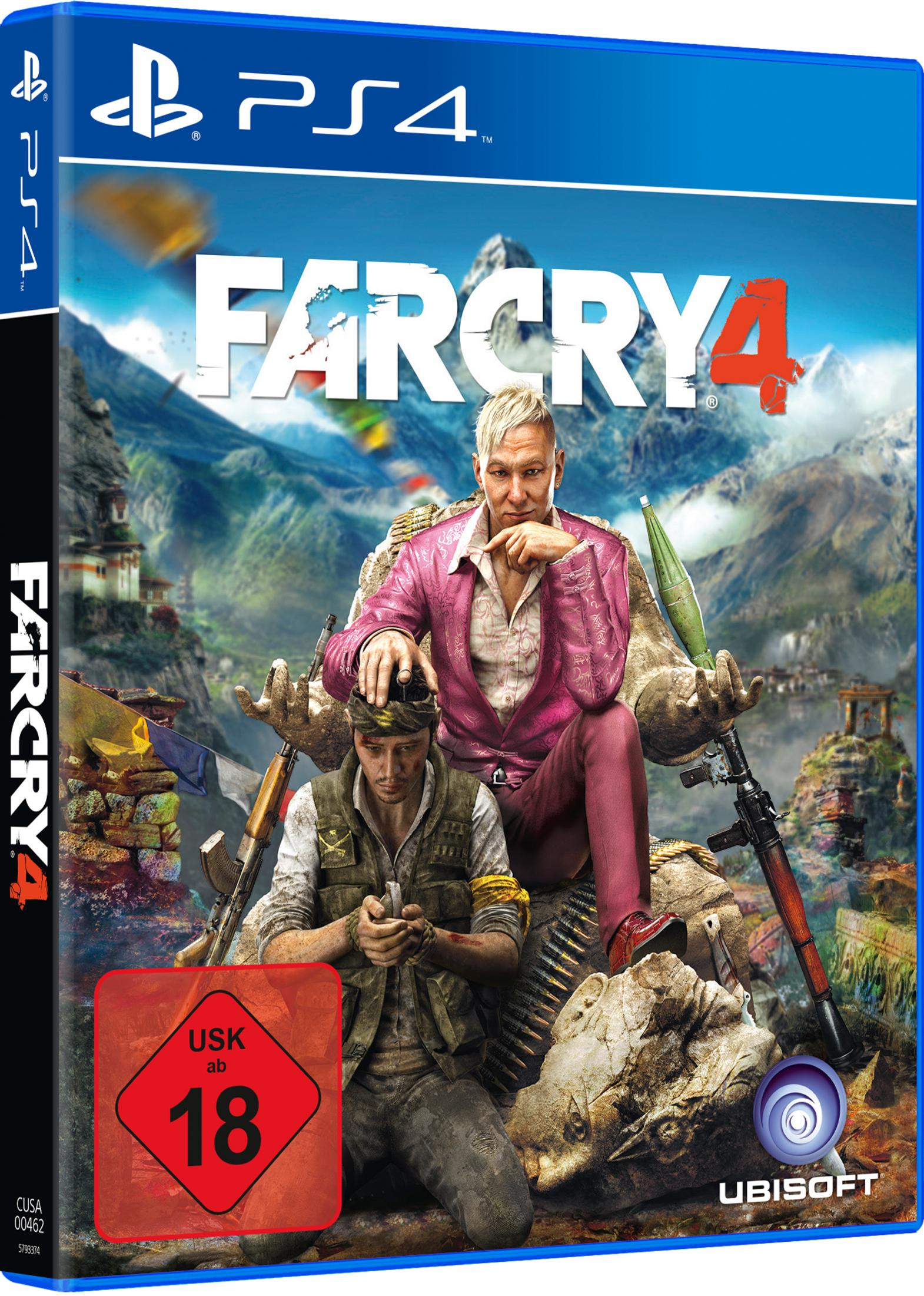 Far Cry 4 PS4-Spielcover mit zwei Männern, einer in Pink, und Bergen im Hintergrund.