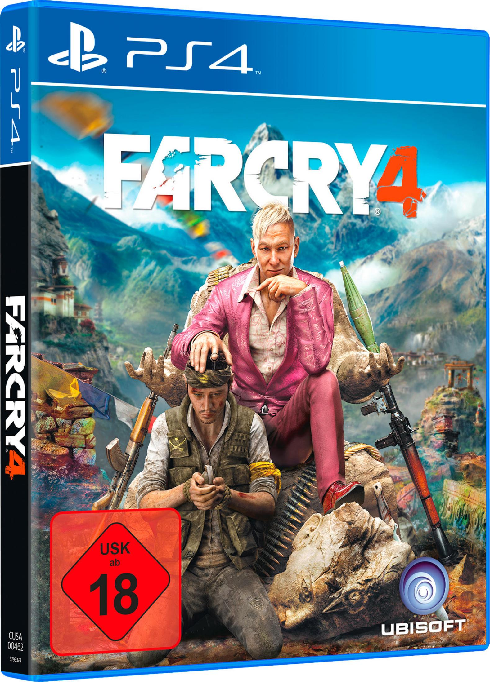 Far Cry 4 PS4-Spielcover. Mann in pinker Jacke sitzt mit einem anderen. Berg-Hintergrund.