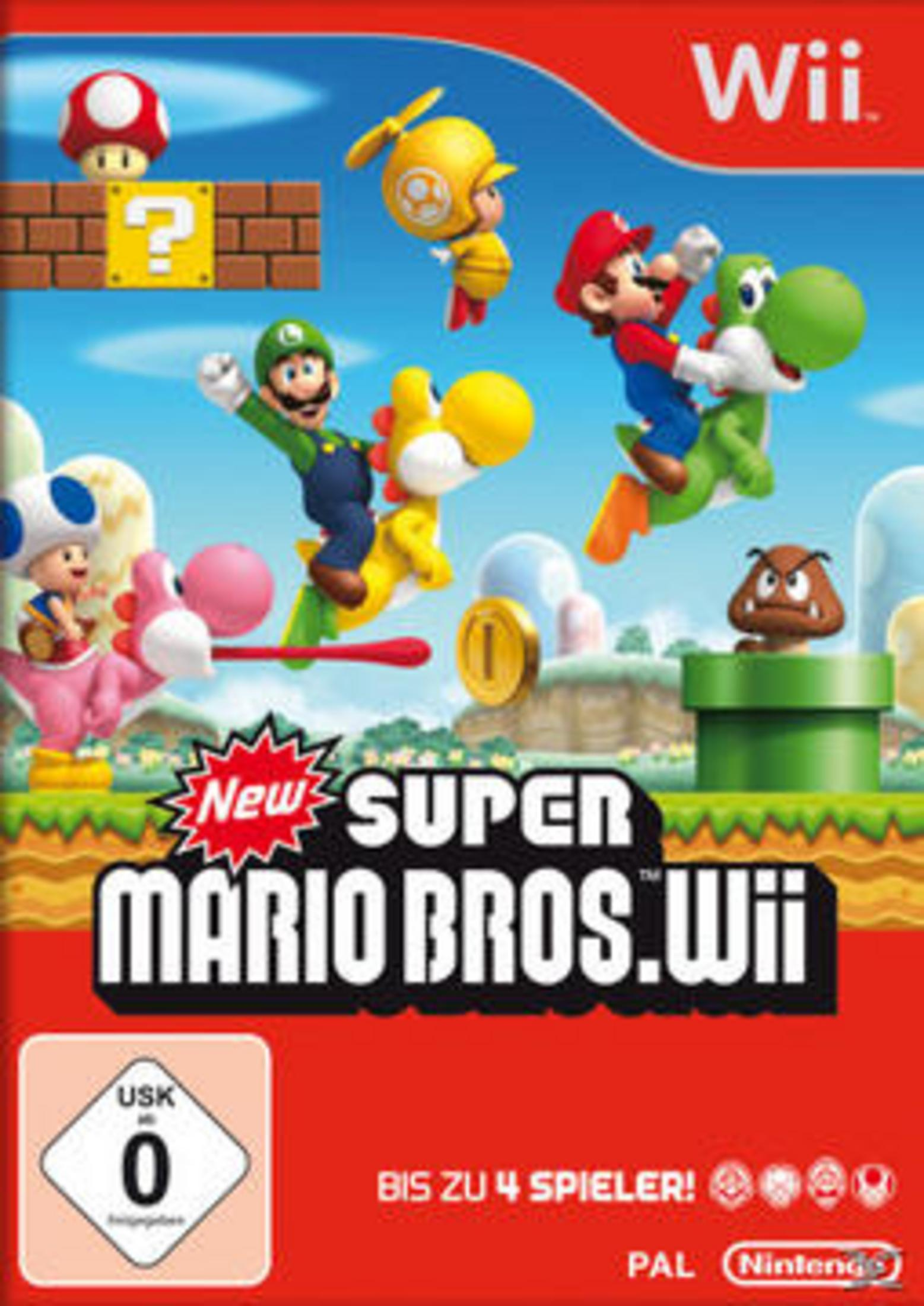 Neues Super Mario Bros. Wii-Spielcover mit Mario, Luigi und Yoshi in einer hellen, farbenfrohen Szene.