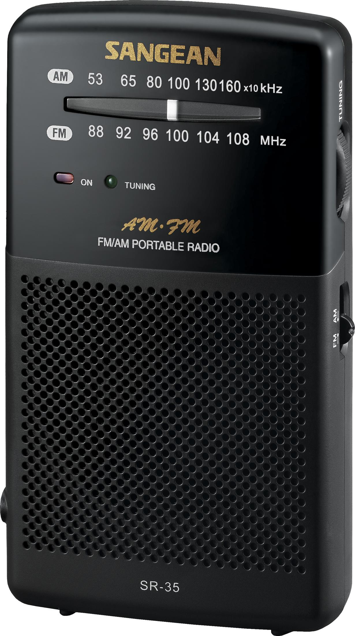 A black portable AM/FM radio with tuning dial and speaker, brand name SANGEAN visible.