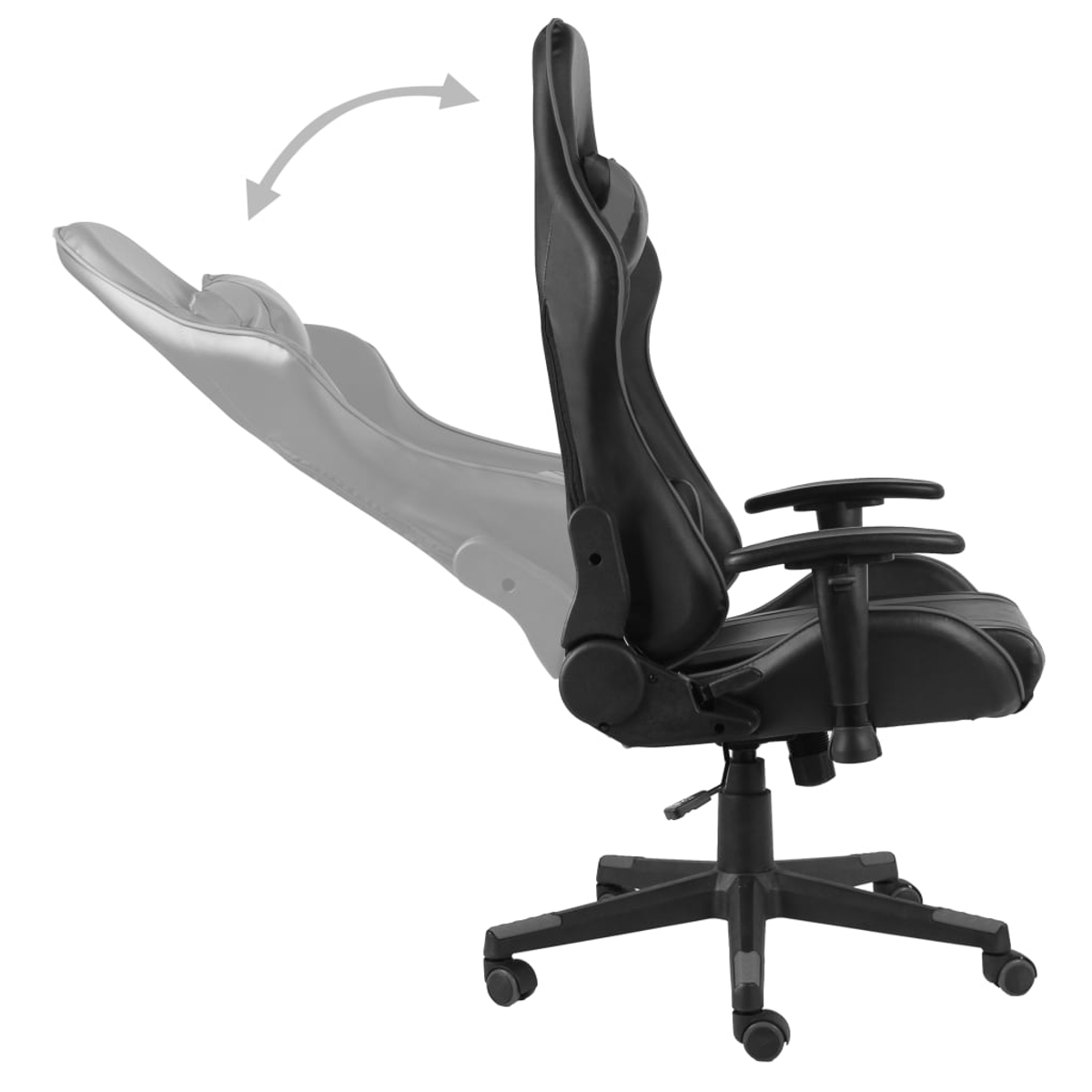 Sedia gaming nera con schienale regolabile, in movimento. Su base nera con ruote.