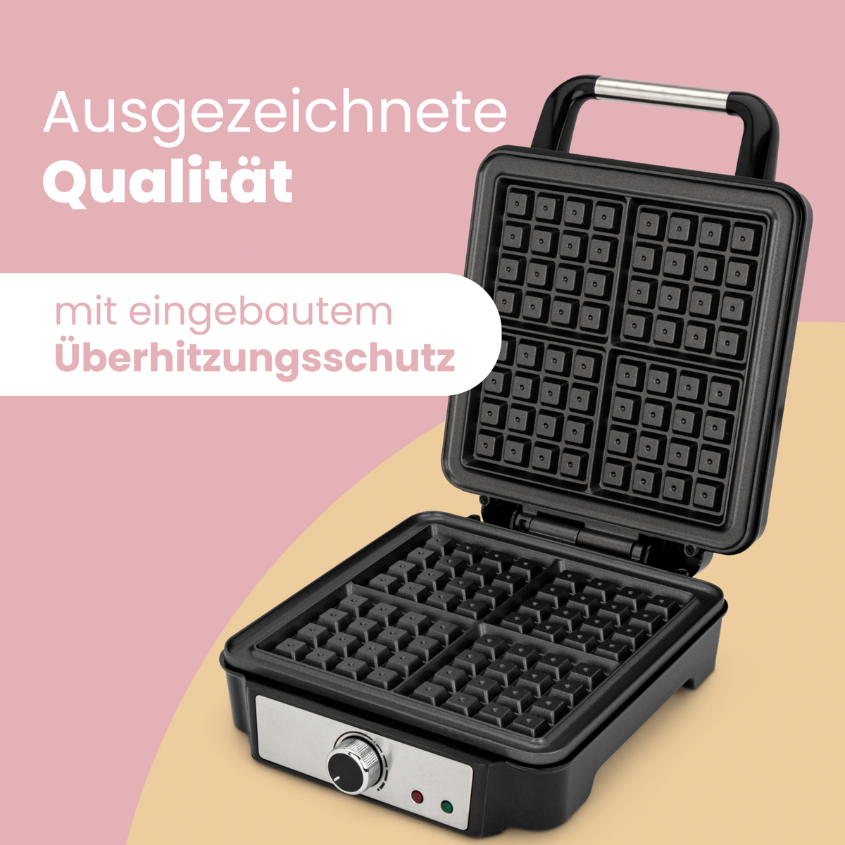 Gofrownica z otwartą pokrywą, widoczne kratki. Gofrownica jest czarna.