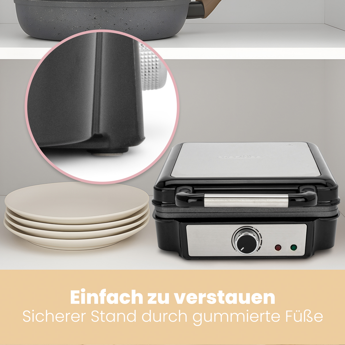 Gofrownica jest pokazana na półce. Talerze są z przodu. Tekst mówi: 'łatwe do przechowywania'.