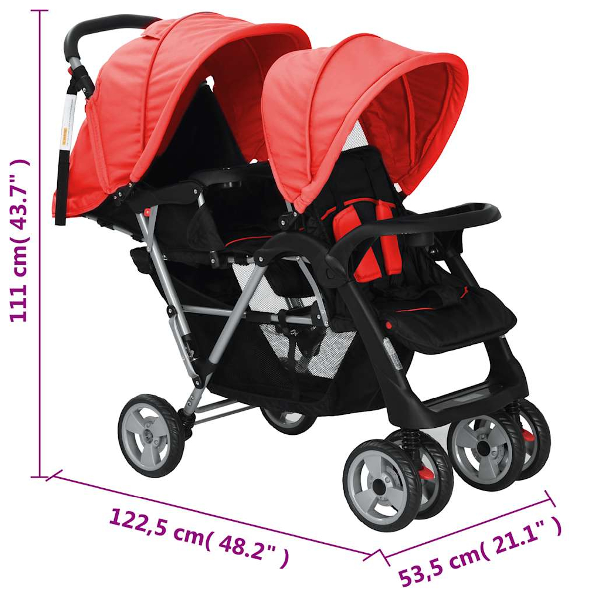 Ein roter und schwarzer Zwillingskinderwagen mit Abmessungen in Zentimetern.