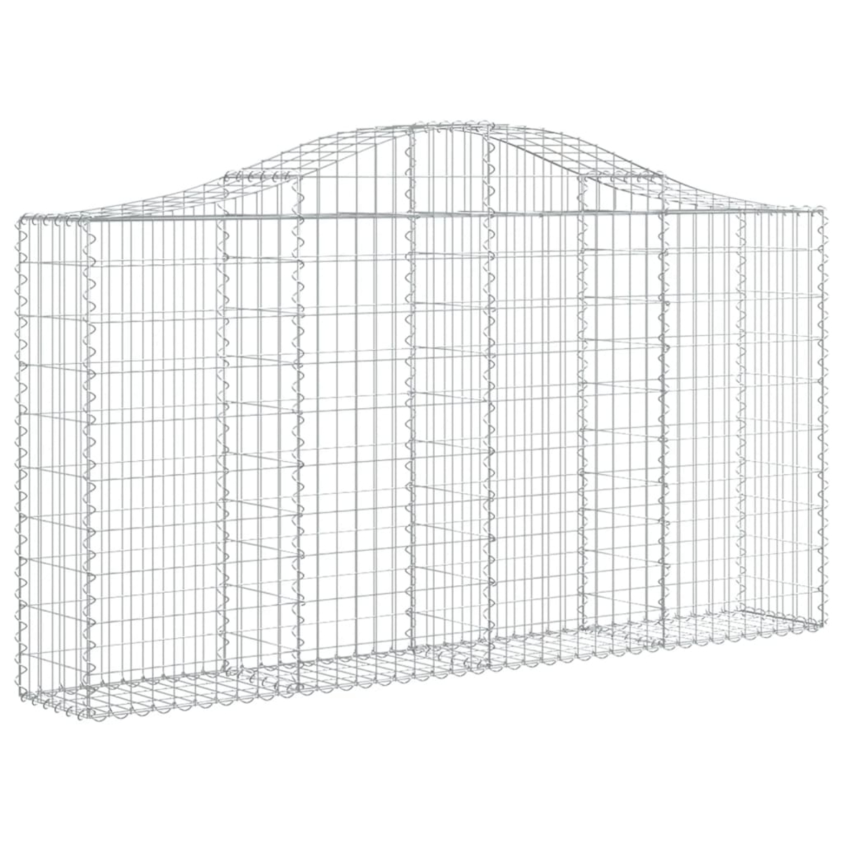 Ein Drahtgitter-Gabion mit gewölbter Oberseite. Es hat eine rechteckige Basis und ist mit Metalldraht gefüllt.
