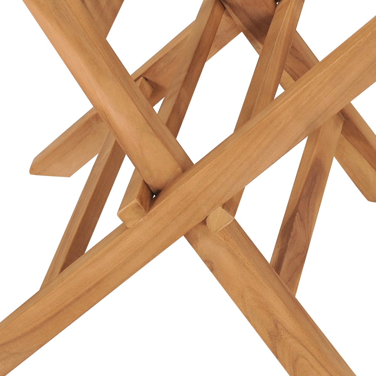 Rahmen eines Holzklappstuhls, Nahaufnahme. X-förmige Beine und Verbindungen sind sichtbar.