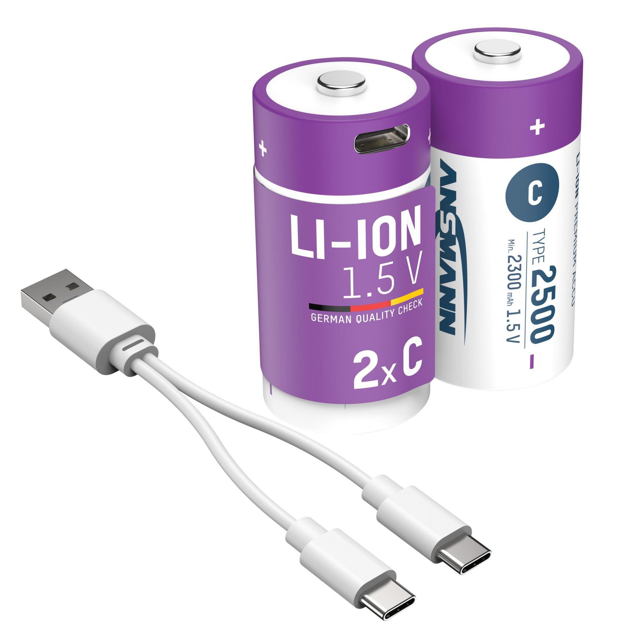 Dwie fioletowo-białe baterie AA z kablem do ładowania. Baterie są opisane tekstem.