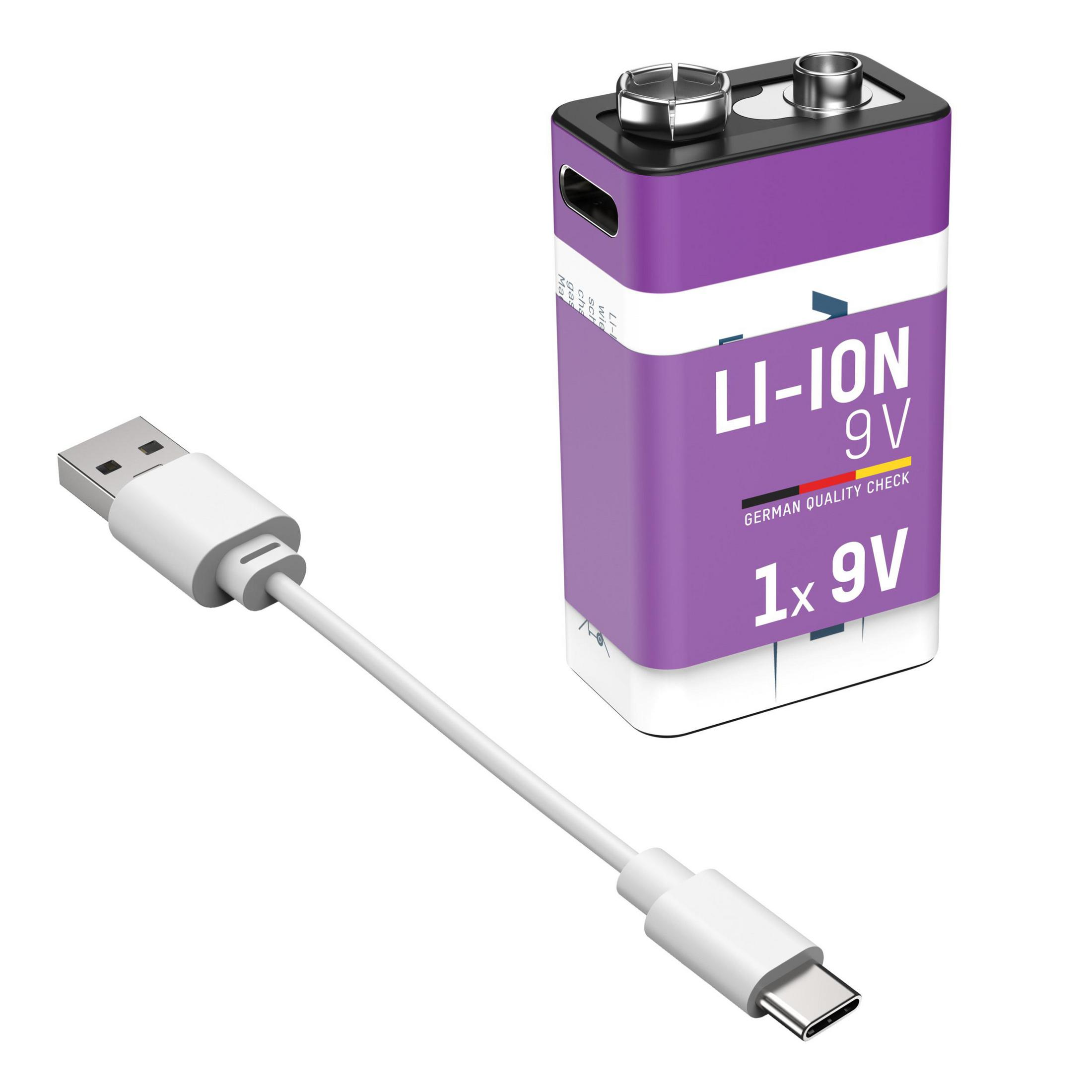 Fioletowa bateria Li-ion 9V i biały kabel USB do ładowania typu C.