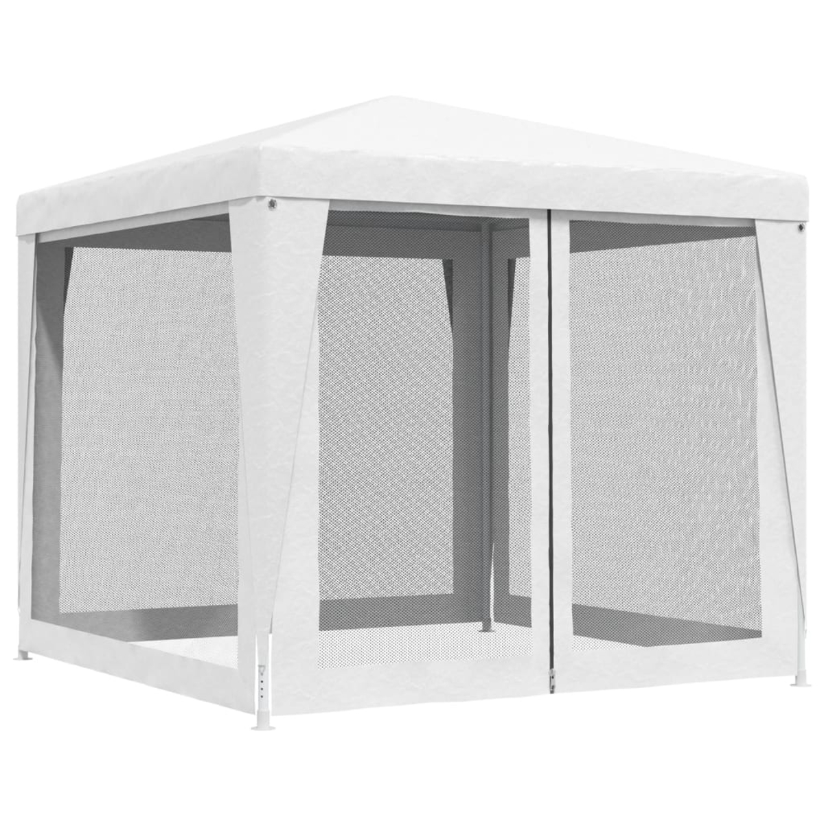 Weißer Pavillon mit Netzseiten und weißem Dach. Eine quadratische Form.