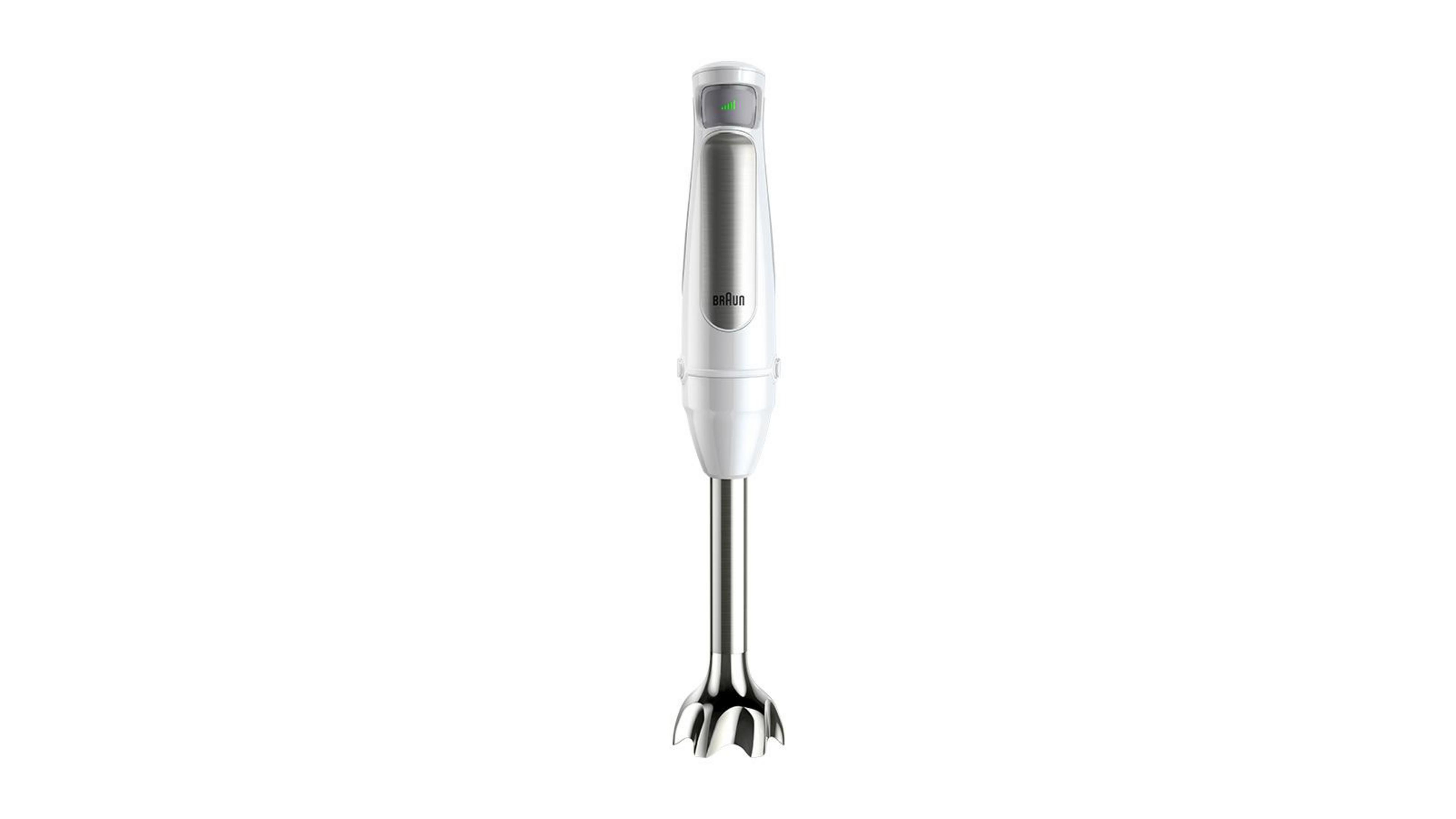 Biały blender ręczny z chromowaną głowicą mieszającą. Widoczny przycisk zasilania i logo Braun.