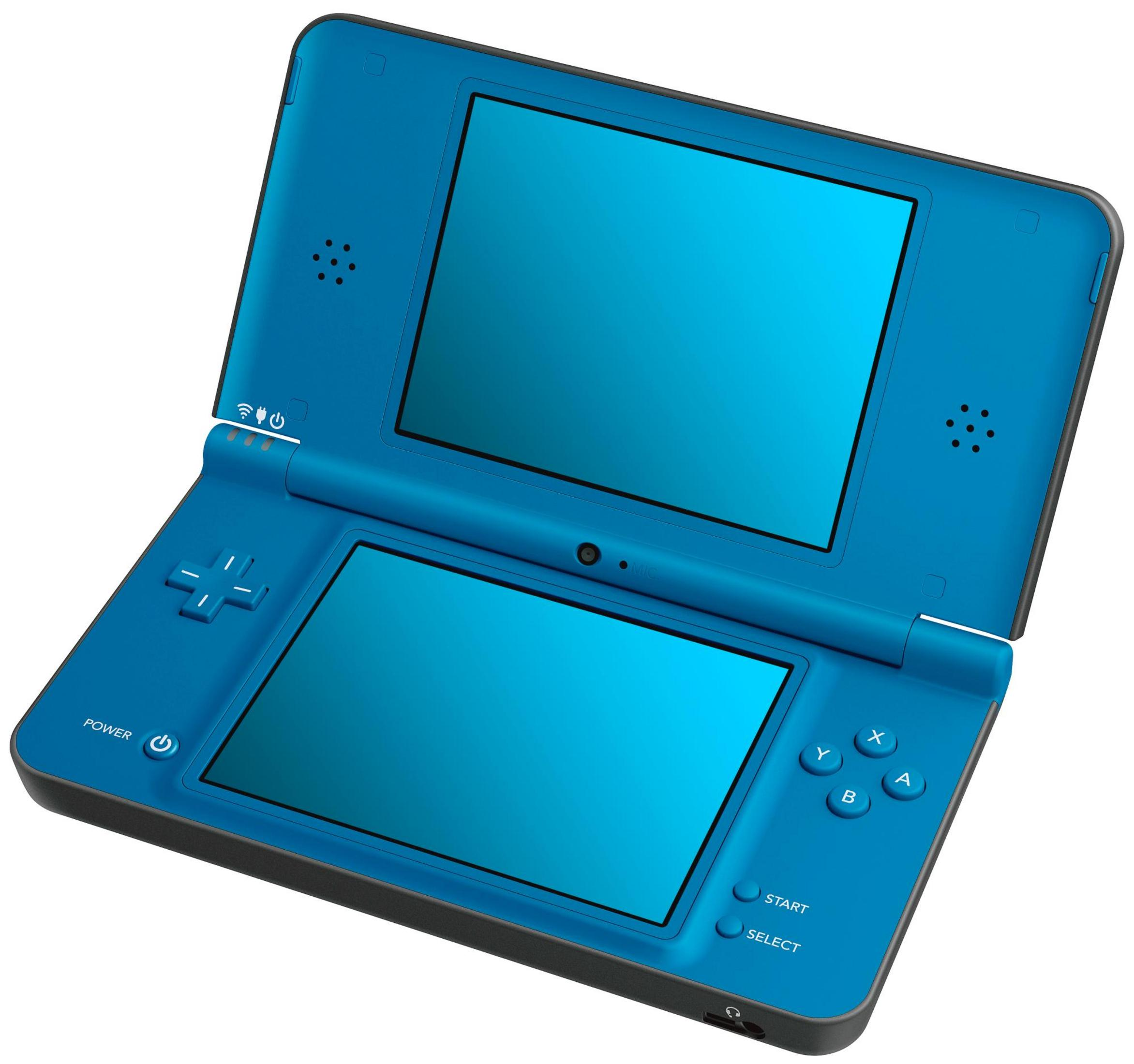 Blaue Nintendo DS Lite Handheld-Konsole, geöffnet und zeigt zwei Bildschirme.