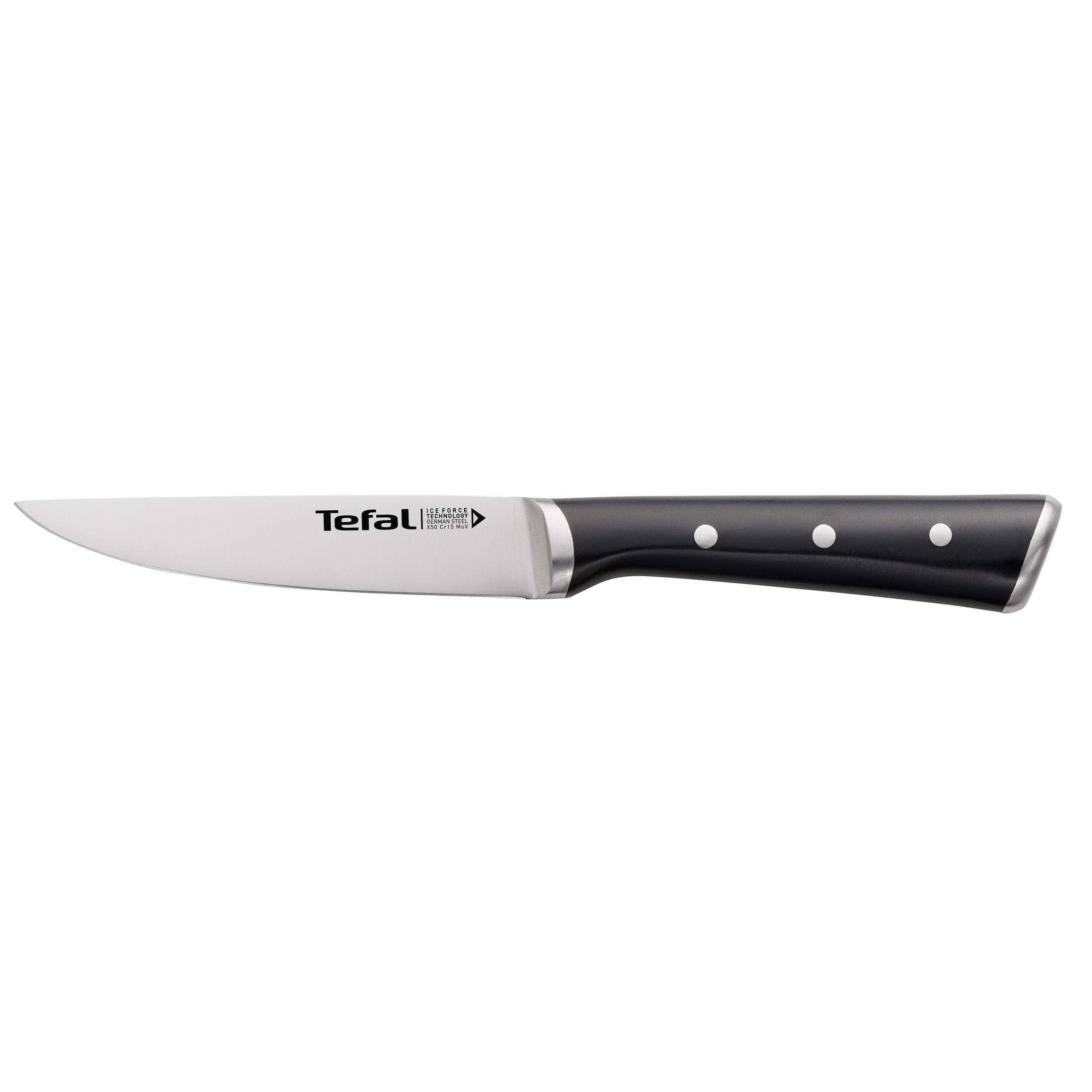 Tefal-Schälmesser mit schwarzem Griff und silberner Klinge. Das Messer befindet sich auf weißem Hintergrund.