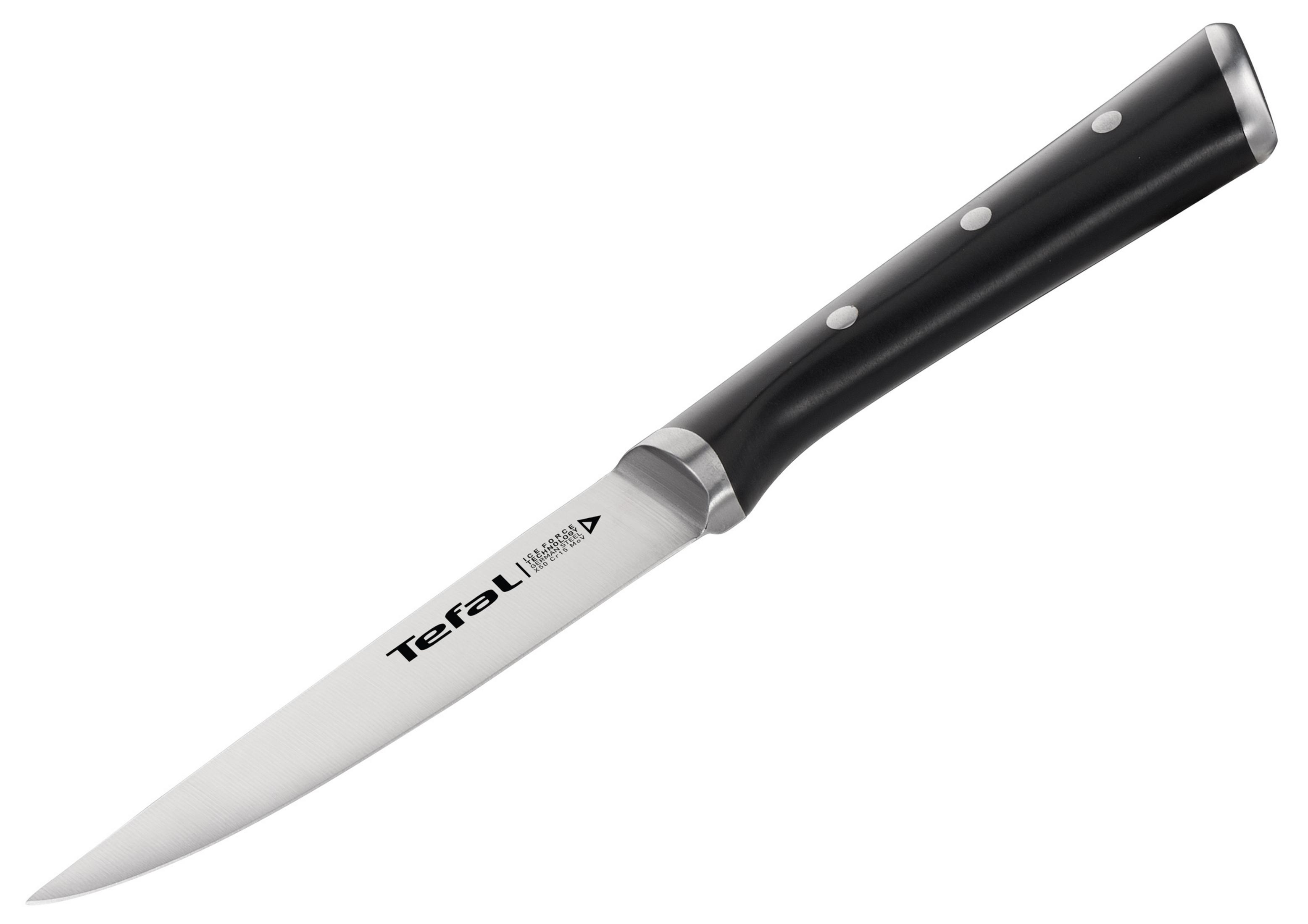 Tefal-Schälmesser mit schwarzem Griff und silberner Klinge. Es befindet sich auf weißem Hintergrund.