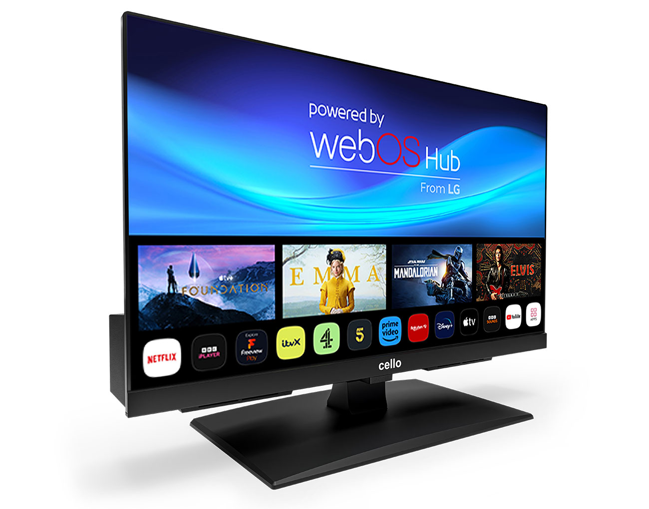 Schwarzer Fernseher mit WebOS-Hub-Bildschirm, der Film-Apps anzeigt. Der Ständer ist schwarz und der Hintergrund ist weiß.